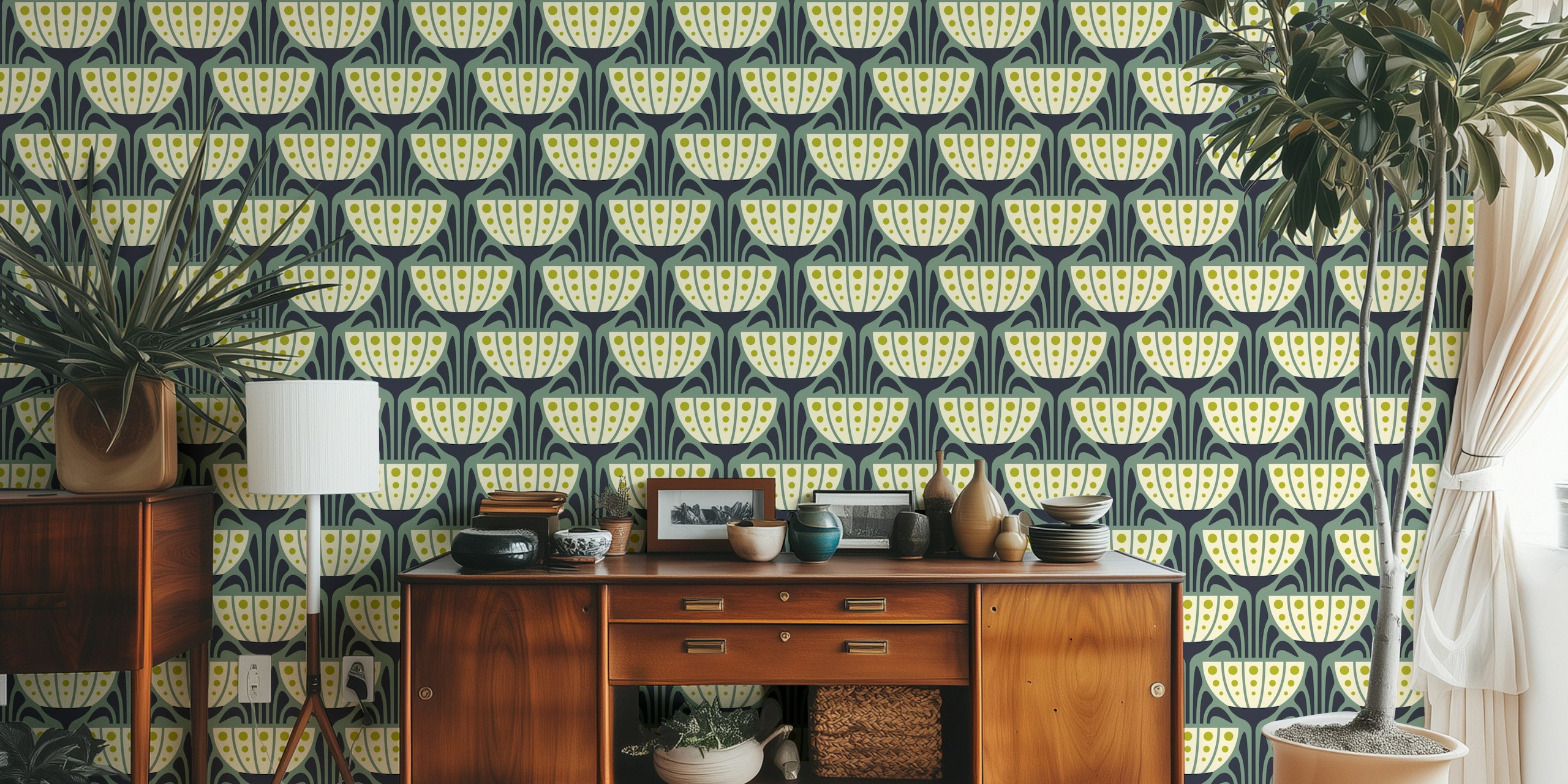 Mid-Century Blossoms in Green tapettimalli