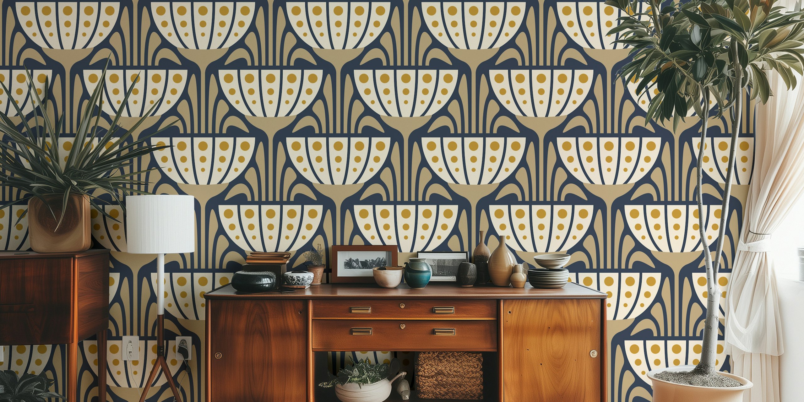 Mid-Century Blossoms in beige e giallo carta da parati