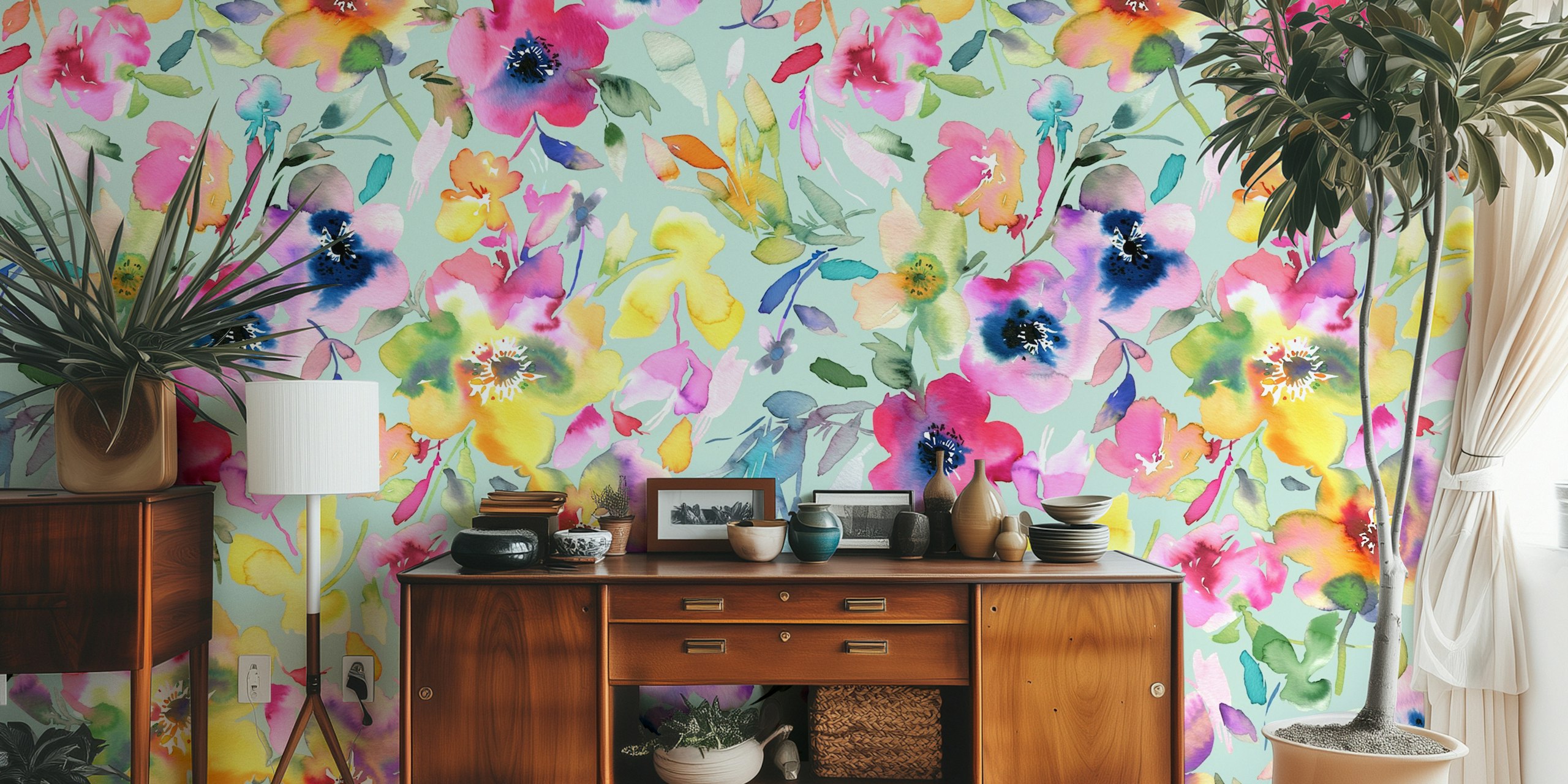Colorful floral patterns in shades of pink, yellow, and purple on a green background wallpaper