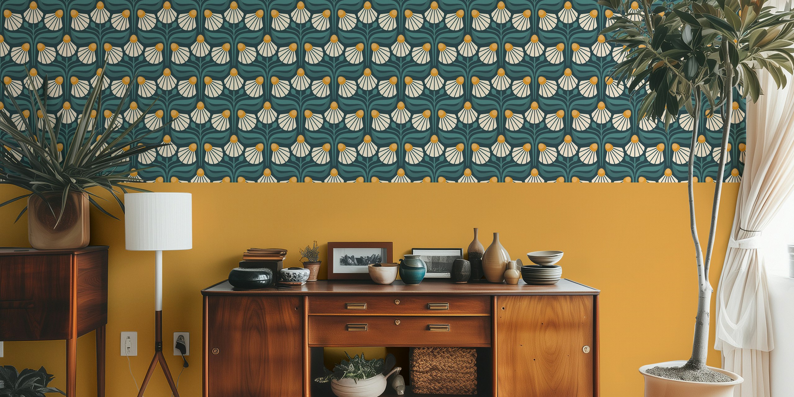 Majestic Vintage Blossoms in Green Cream tapetti