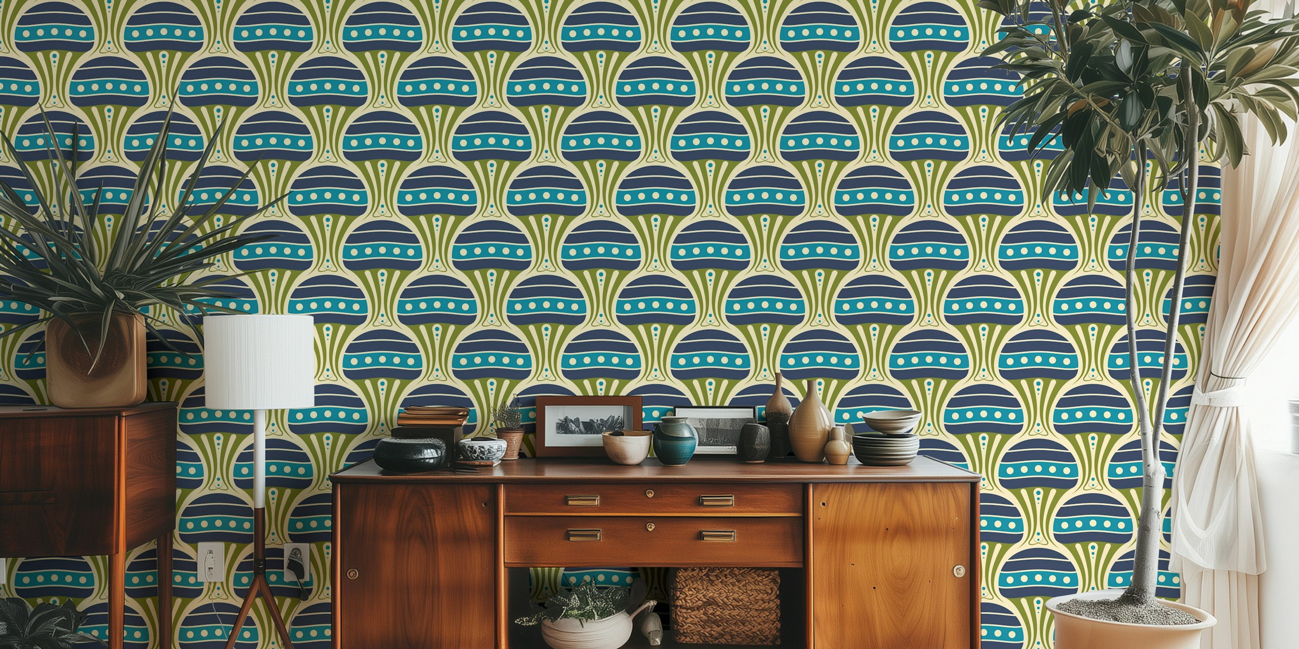Vintage Jellyfish Harmony Navy Green - S tapetti huoneessa