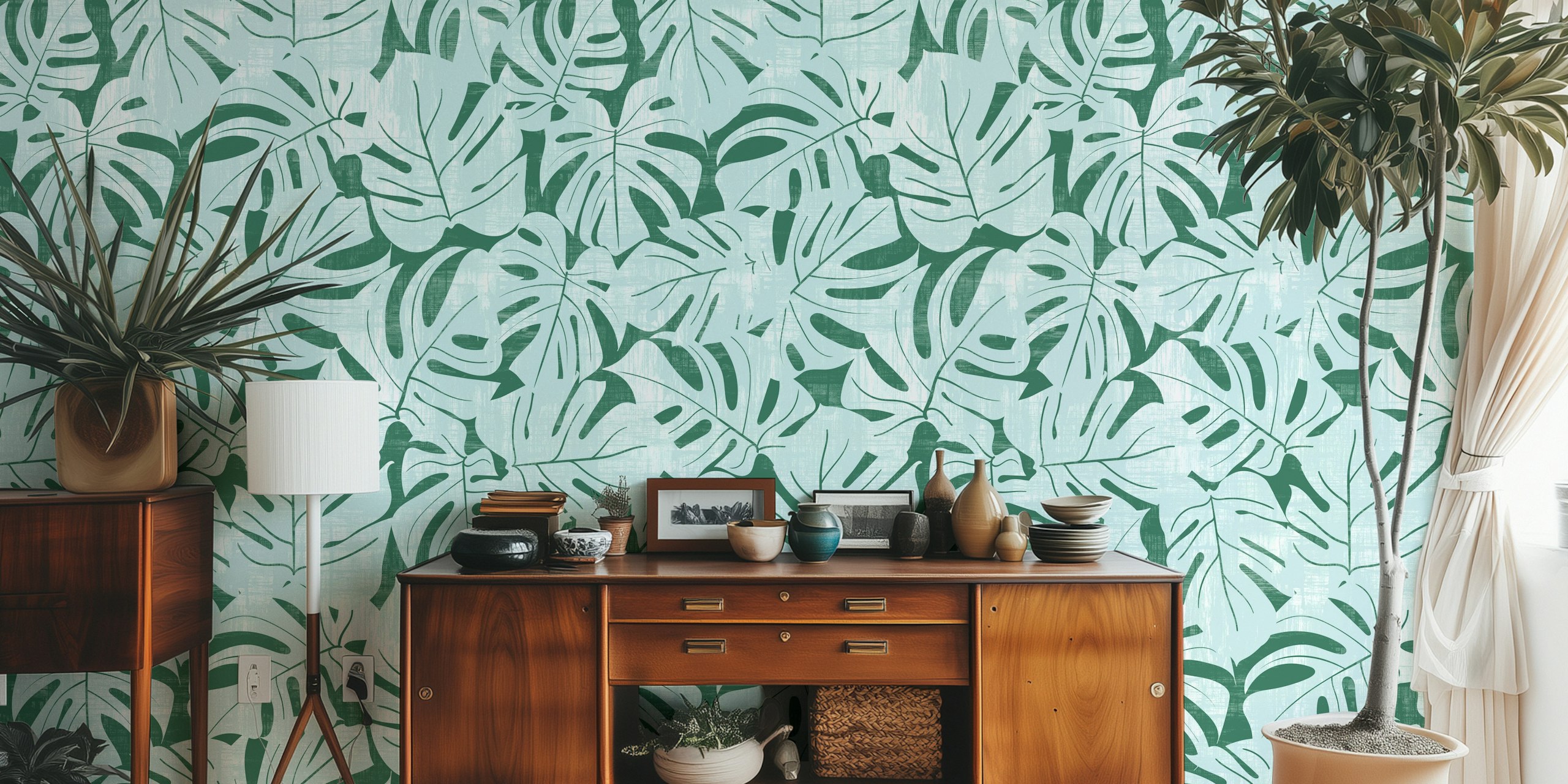 Jungle leaves wallpaper in Himmelblau und Tannenbaumgrün