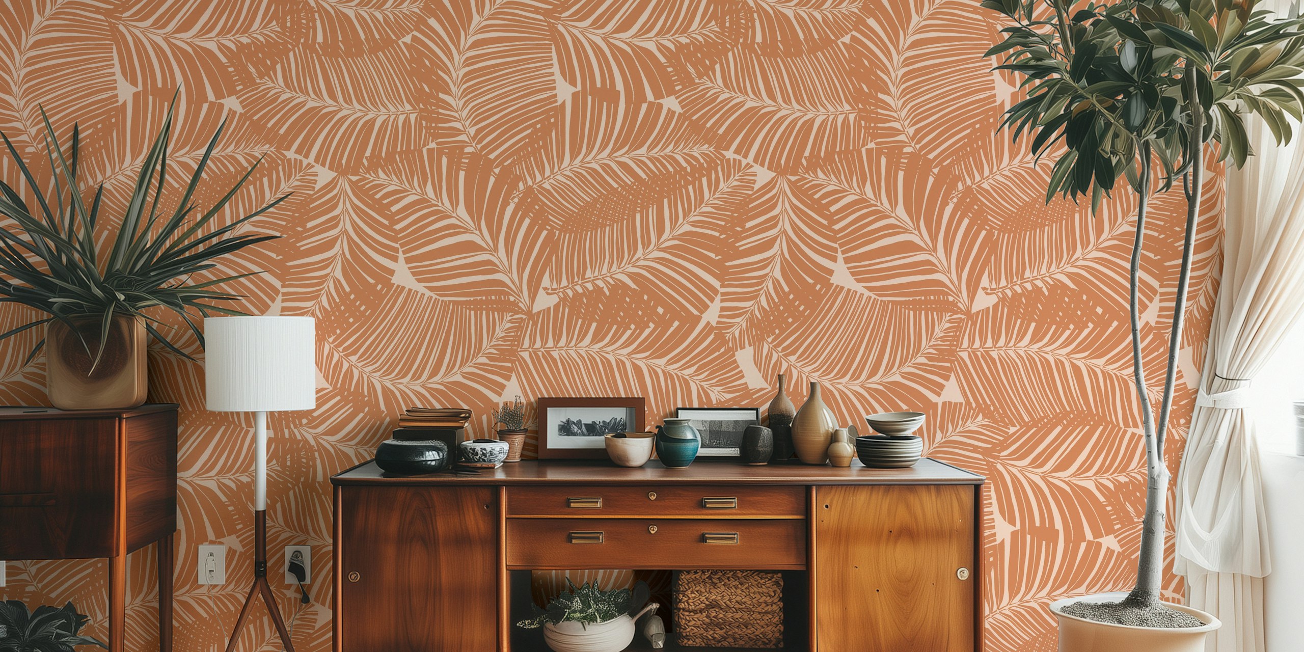 Tropicana Leafy wallpaper σε καραμέλα και κρέμα tan