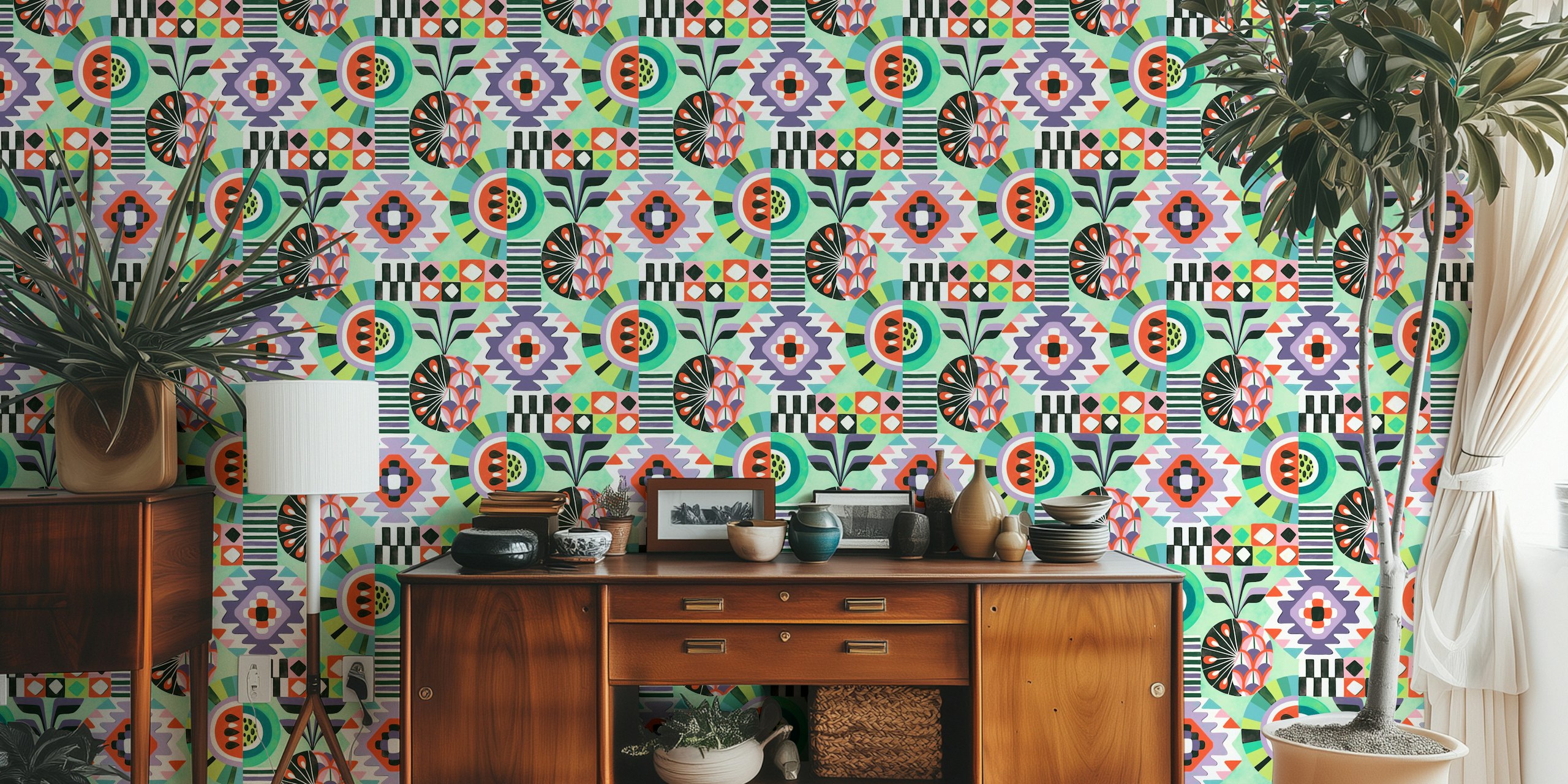 papel pintado 90s revival exhibido en una habitación