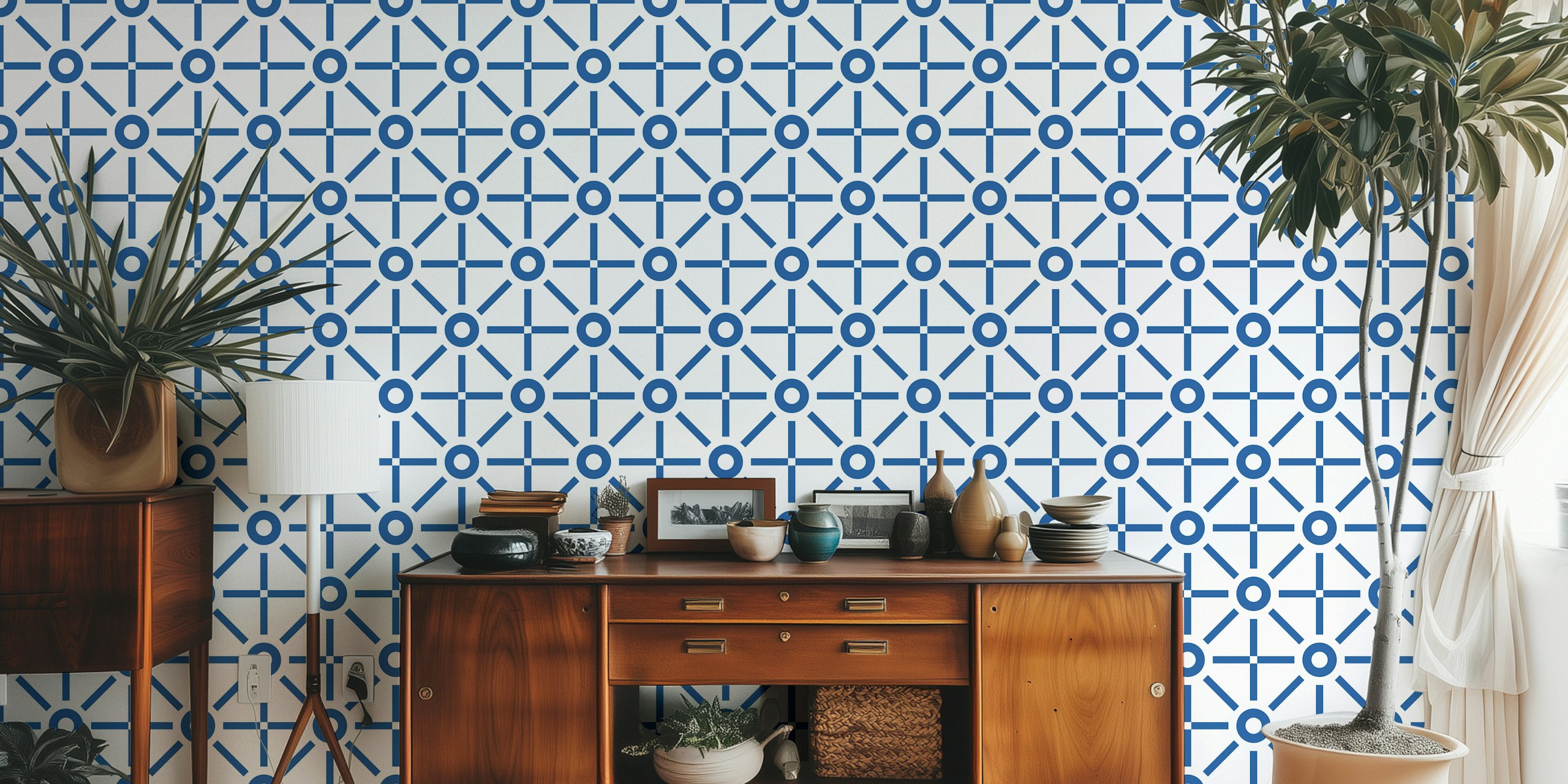 Geometric sun blue beige wallpaper in a room