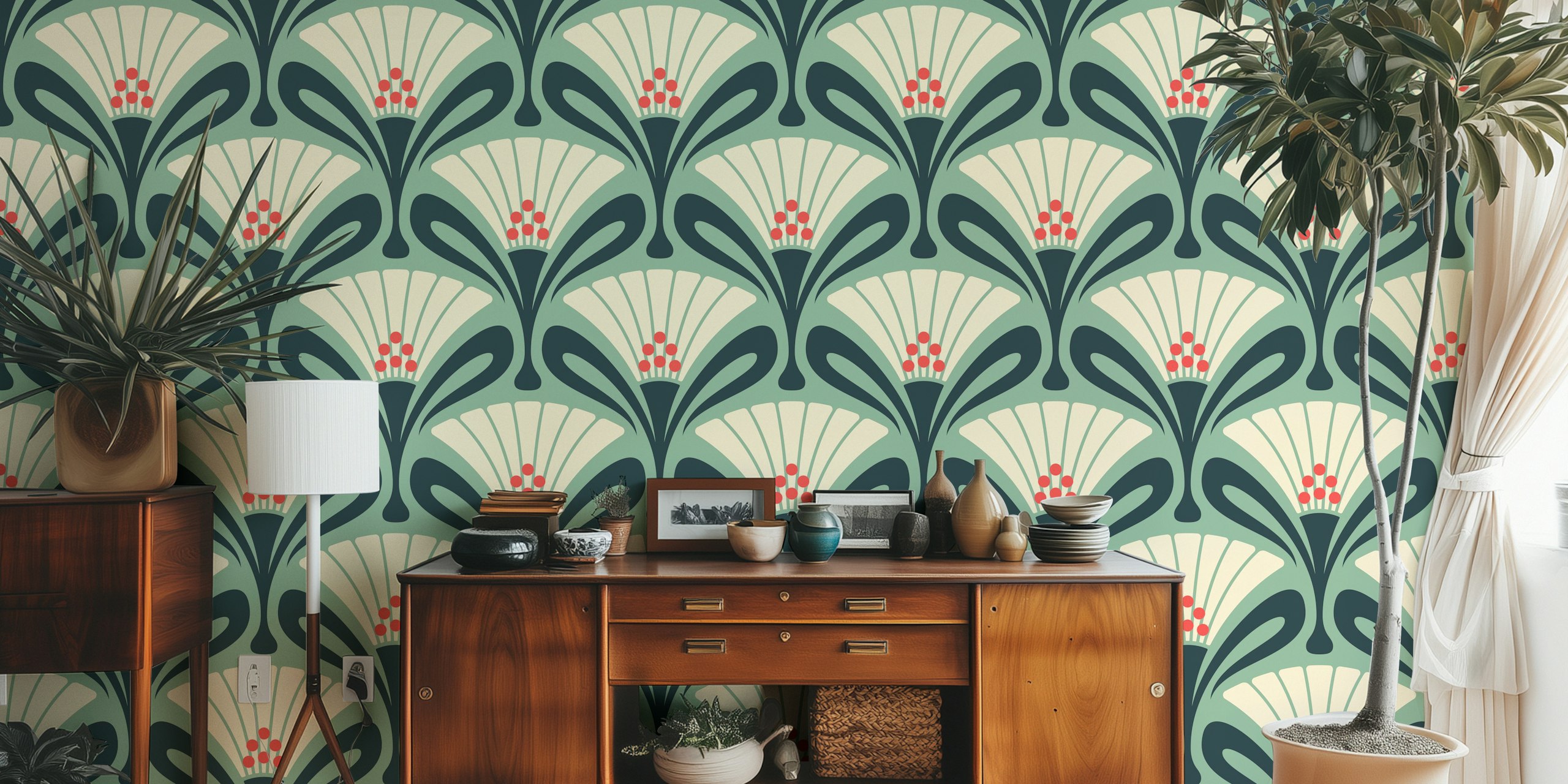 Vintage floral Art Deco wallpaper in a room