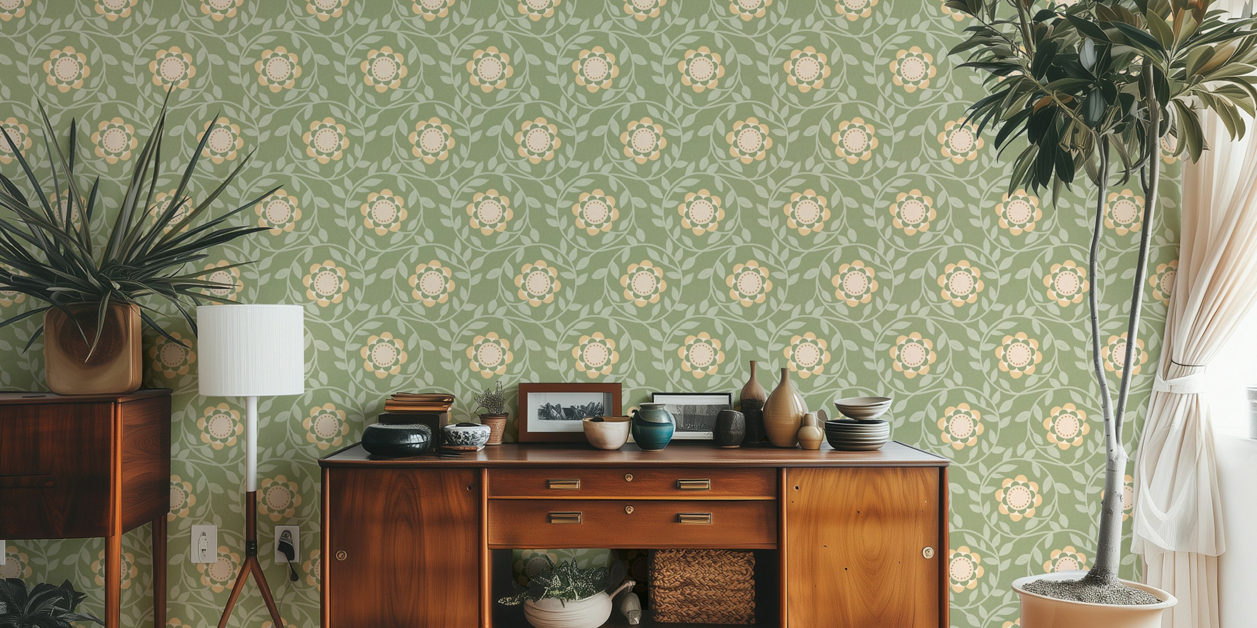 Vintage floral wallpaper design in sage green