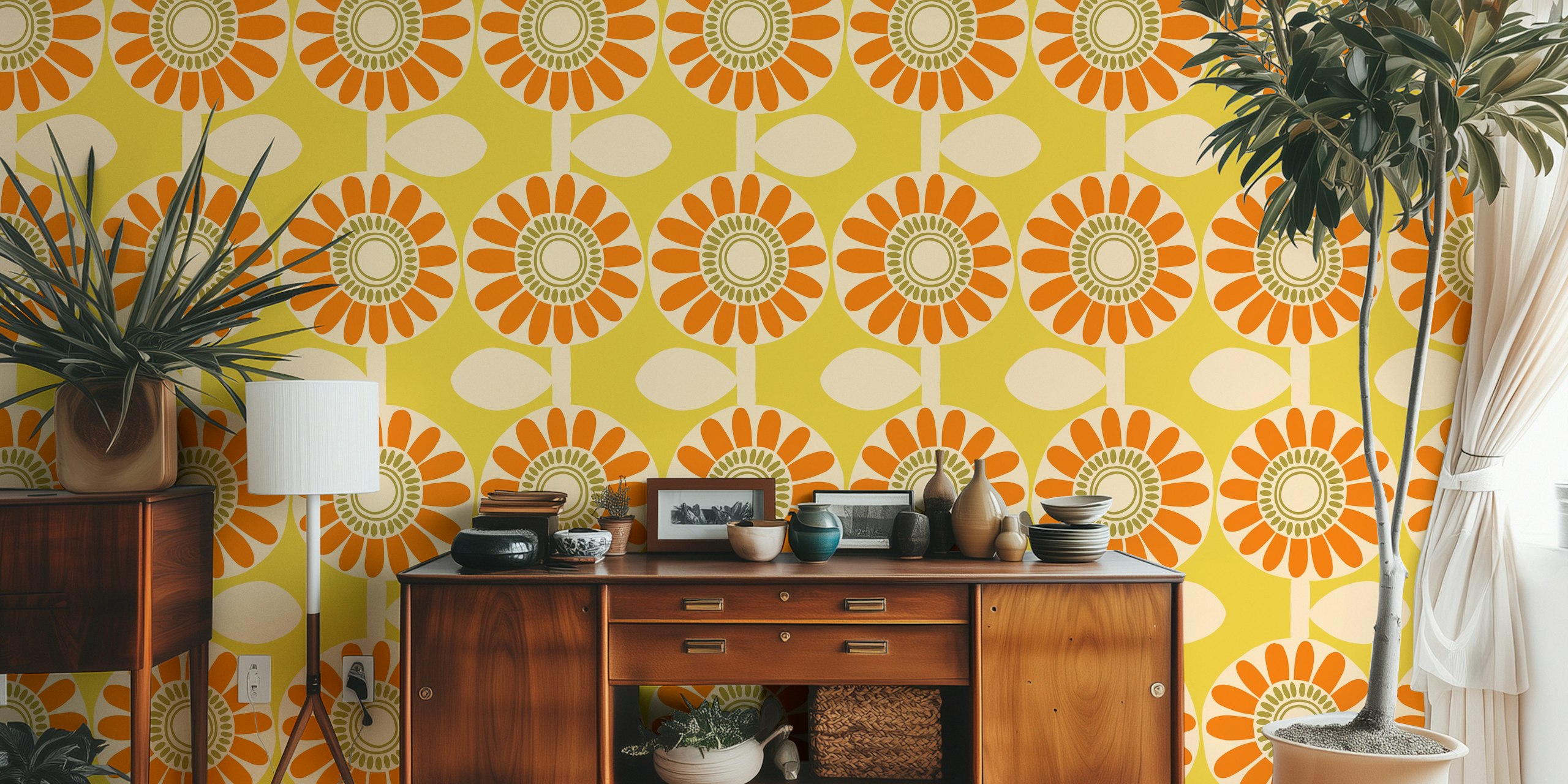 Retro Scandi Sunshine Floral wallpaper in room