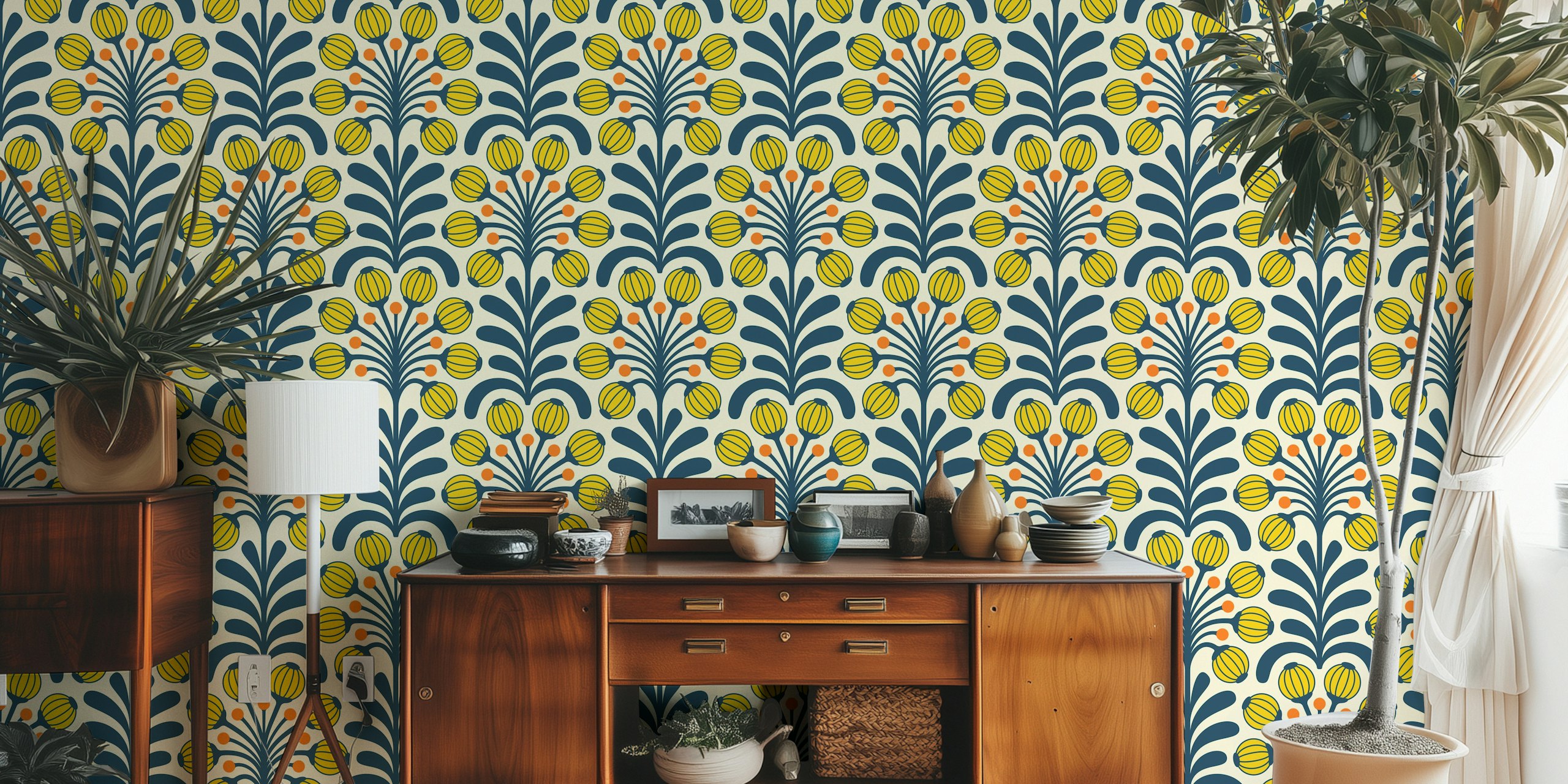 Yellow floral pattern with navy green vines wallpaper