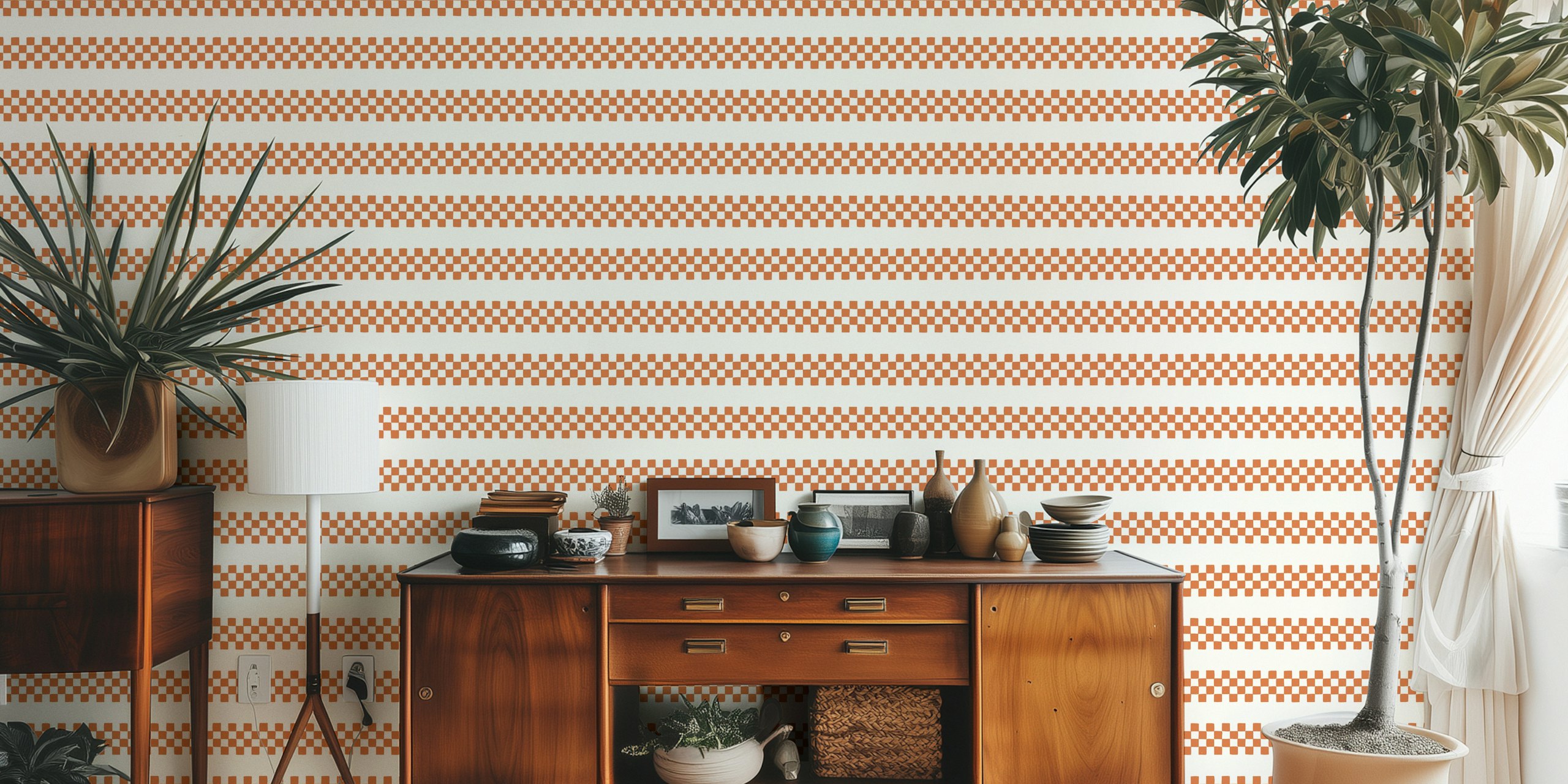 Tapeta Checkered Stripes Boho Brown w pokoju