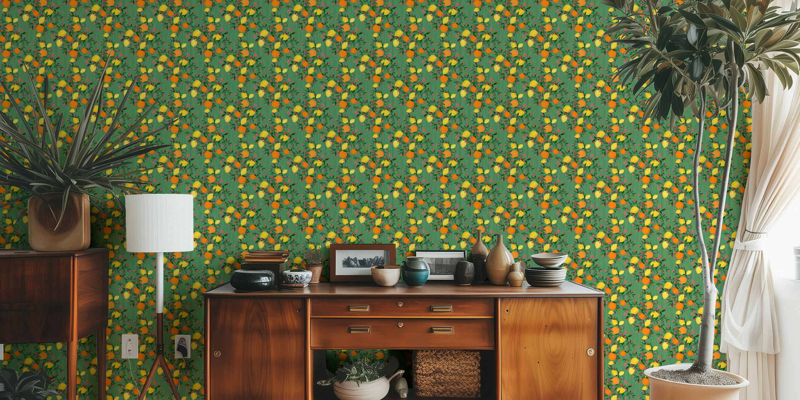 Citrus fruits and pink flowers pattern on green background wallpaper