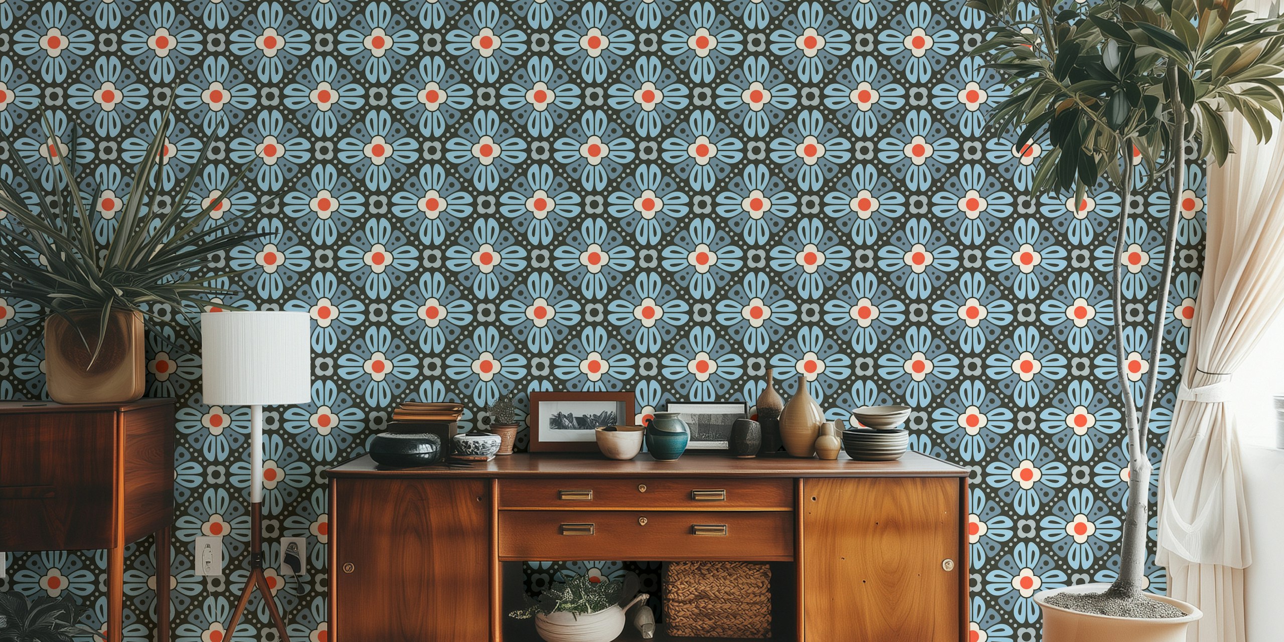 Retro floral wallpaper with blue and red flowers on dark background