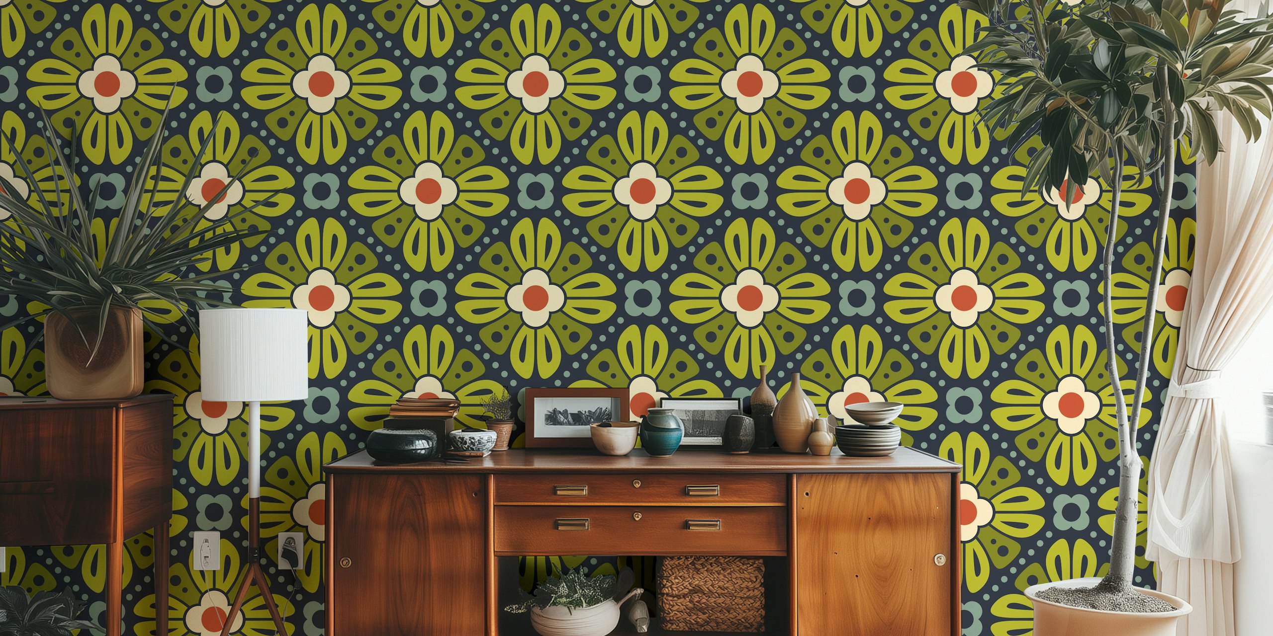 Retro Floral Tiles in Green Red - L huoneen sisustuksessa