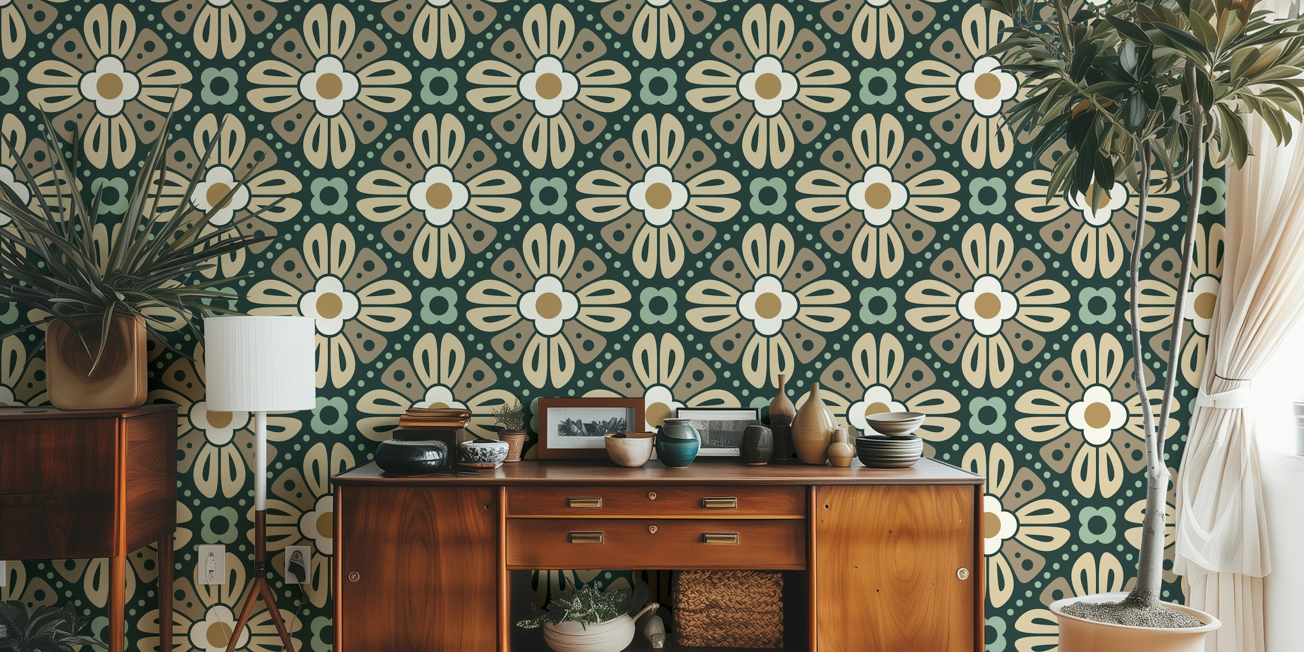 Retro florale Tapetdesign in einem Raum