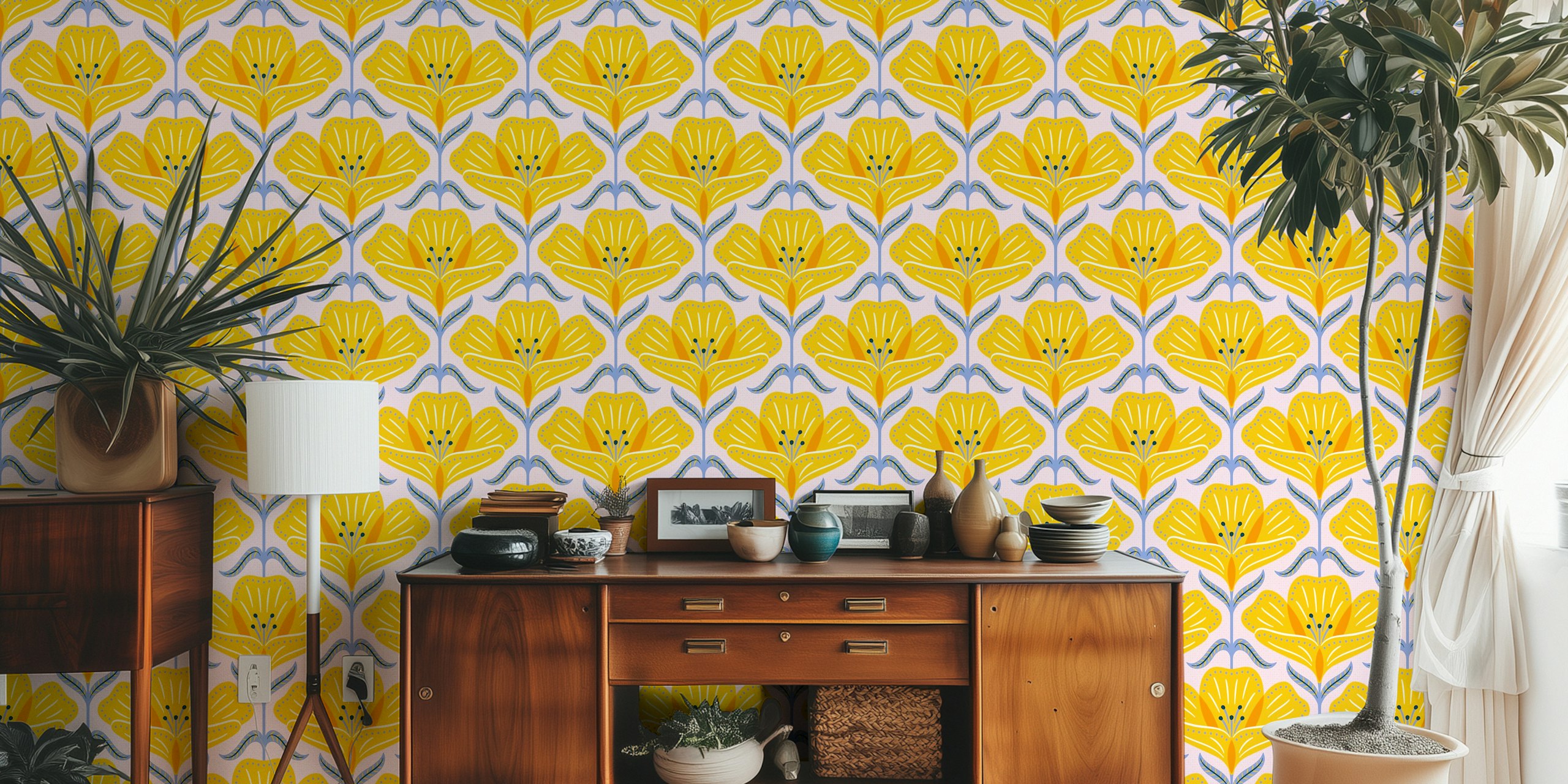 Bright yellow floral pattern wallpaper with pink background