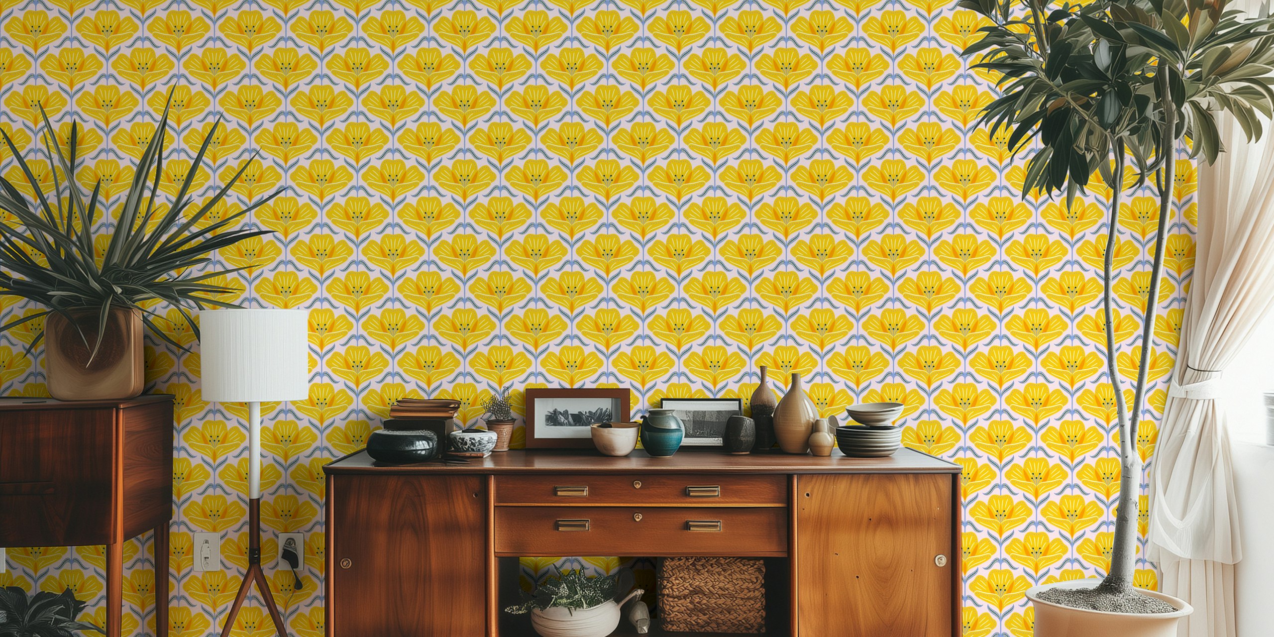 Yellow floral pattern with pink background wallpaper