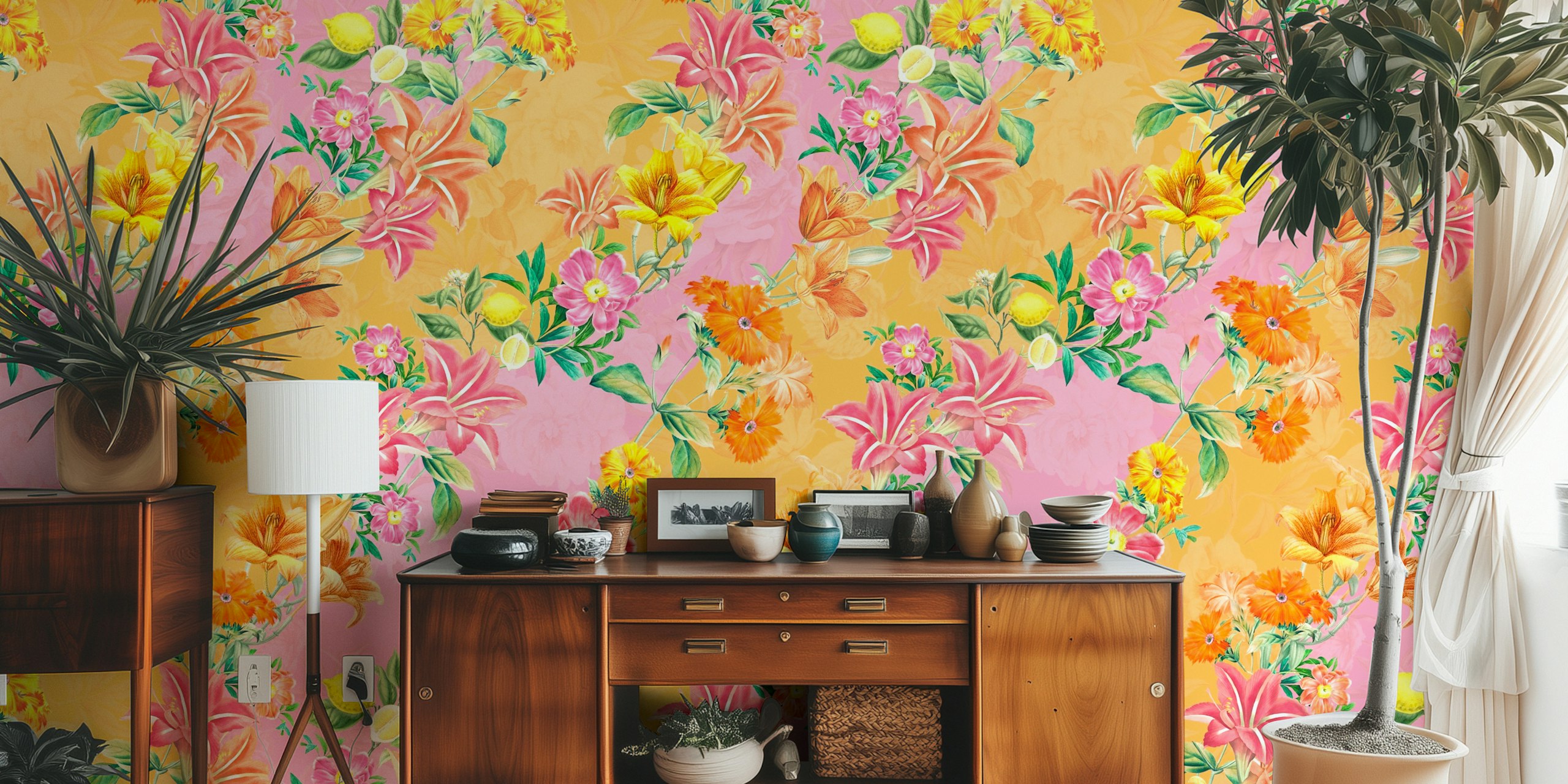 Colorful tropical flowers and lemon foliage wallpaper