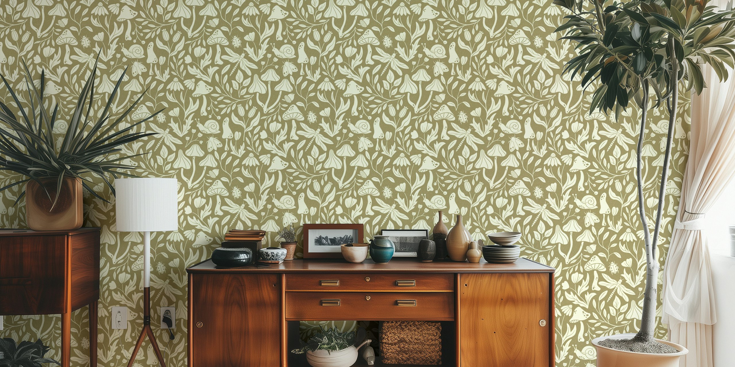Forest Life in Olive Green wallpaper in a room