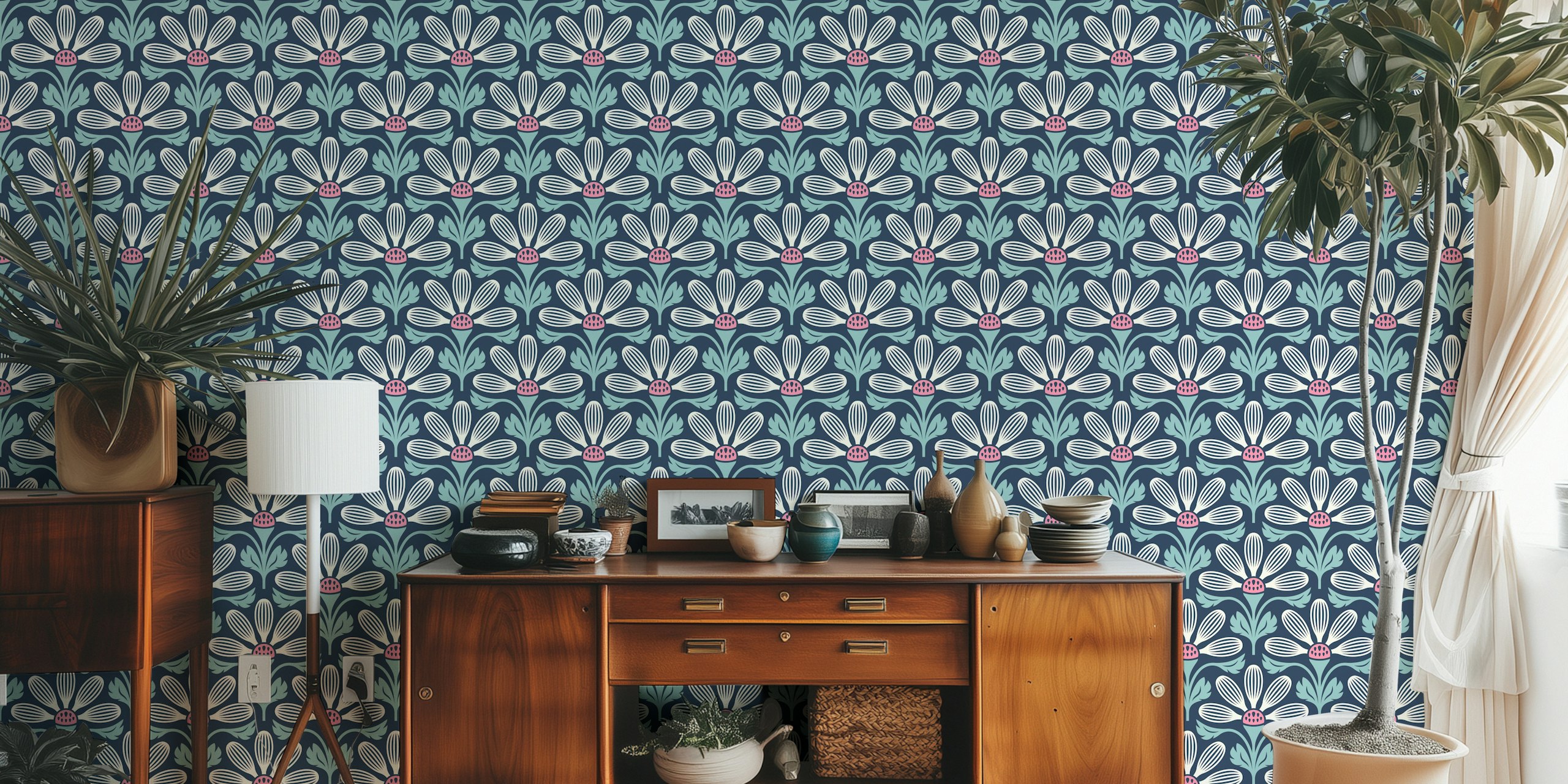 Navy floral design with white petals and pink centers wallpaper