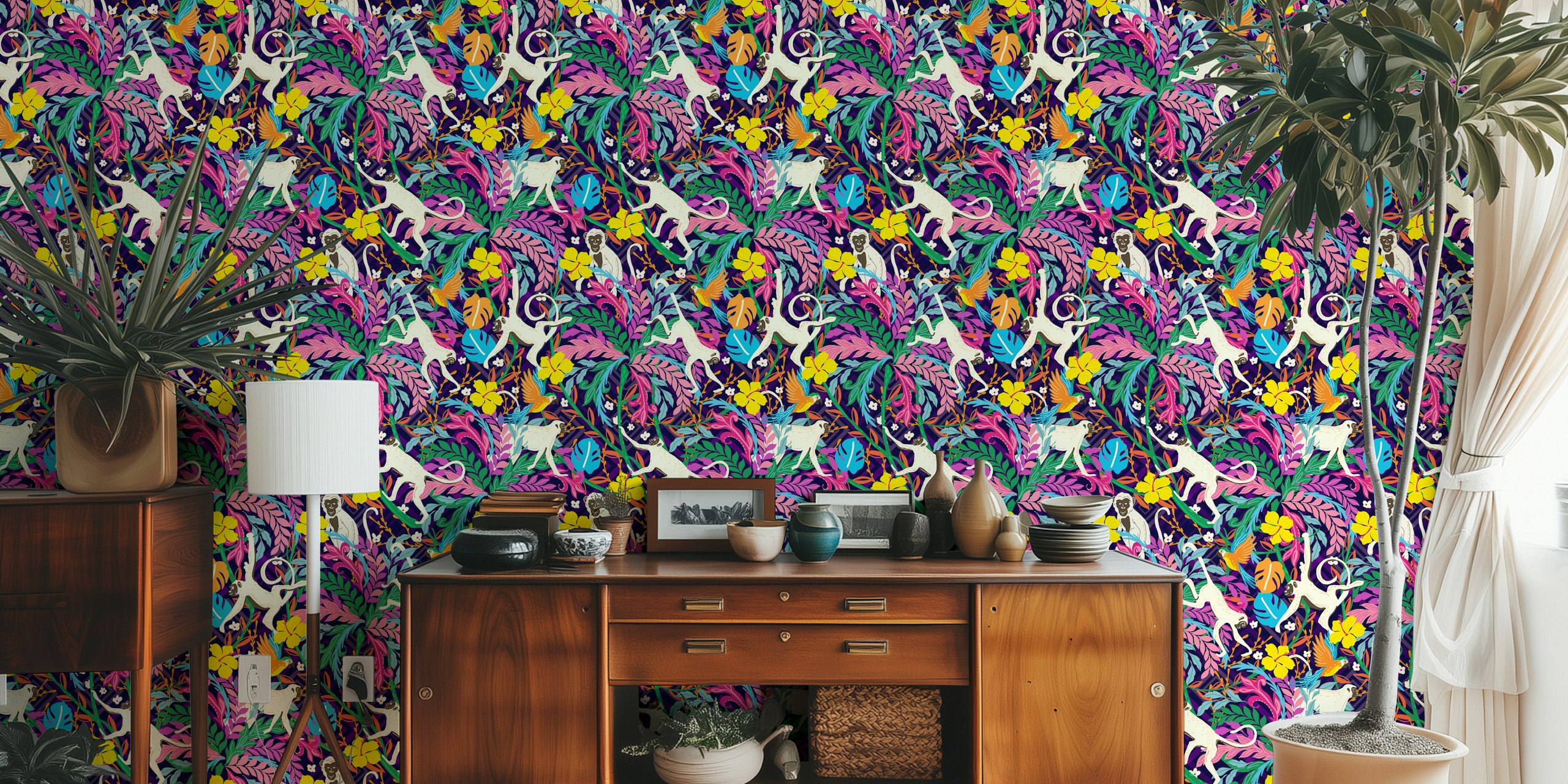 Playful monkeys wallpaper in a colorful room