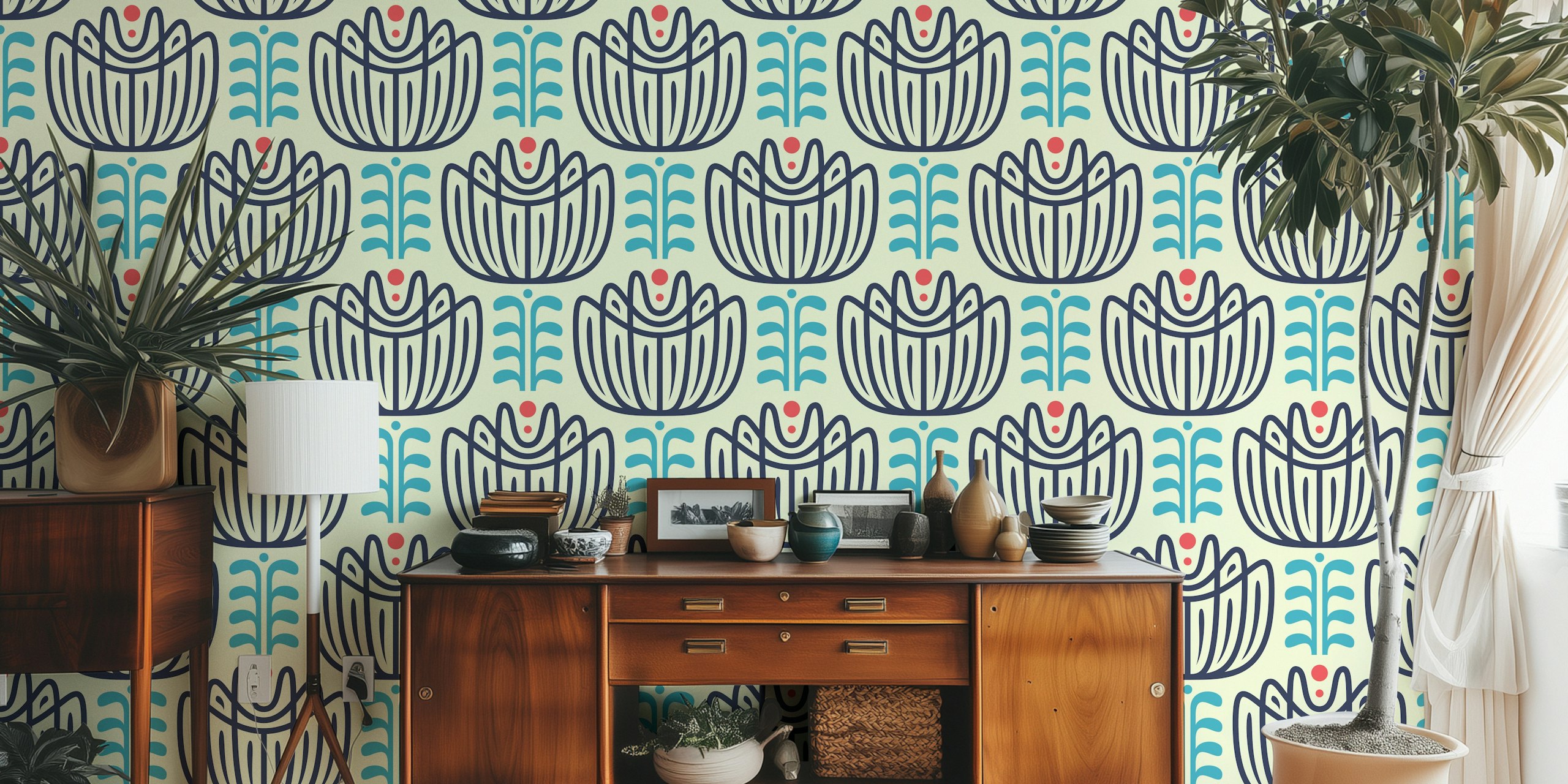Papel pintado inspirado en tulipanes en un interior moderno