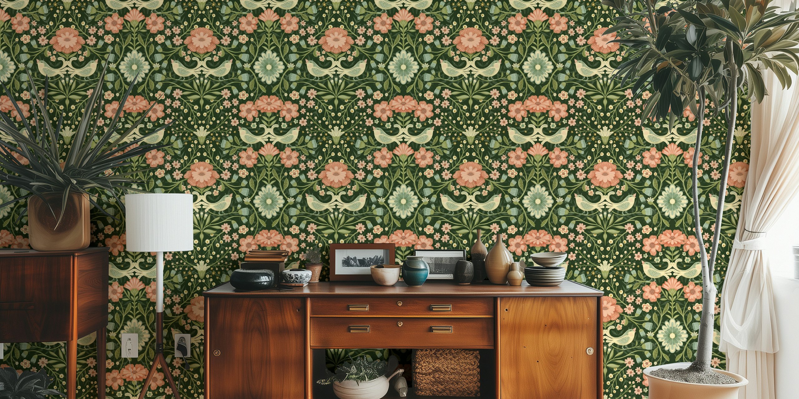 Carta da parati Maximalist Floral Birds in una stanza