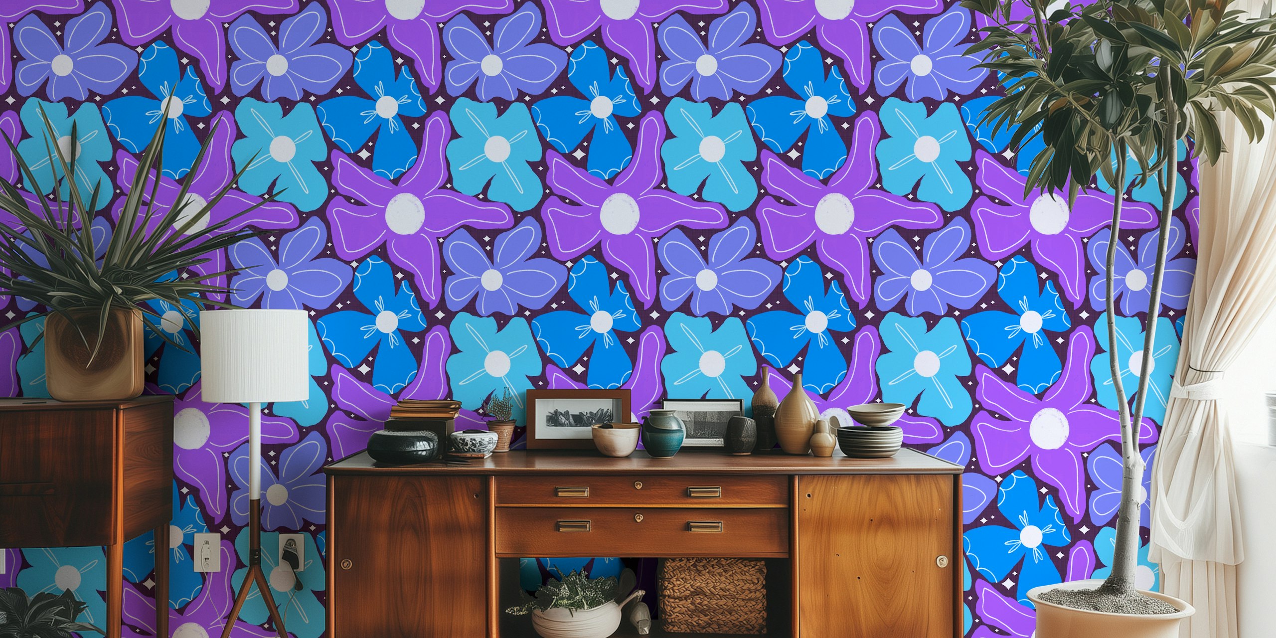 Groovy Petal Retro Garden Floral Blue carta da parati