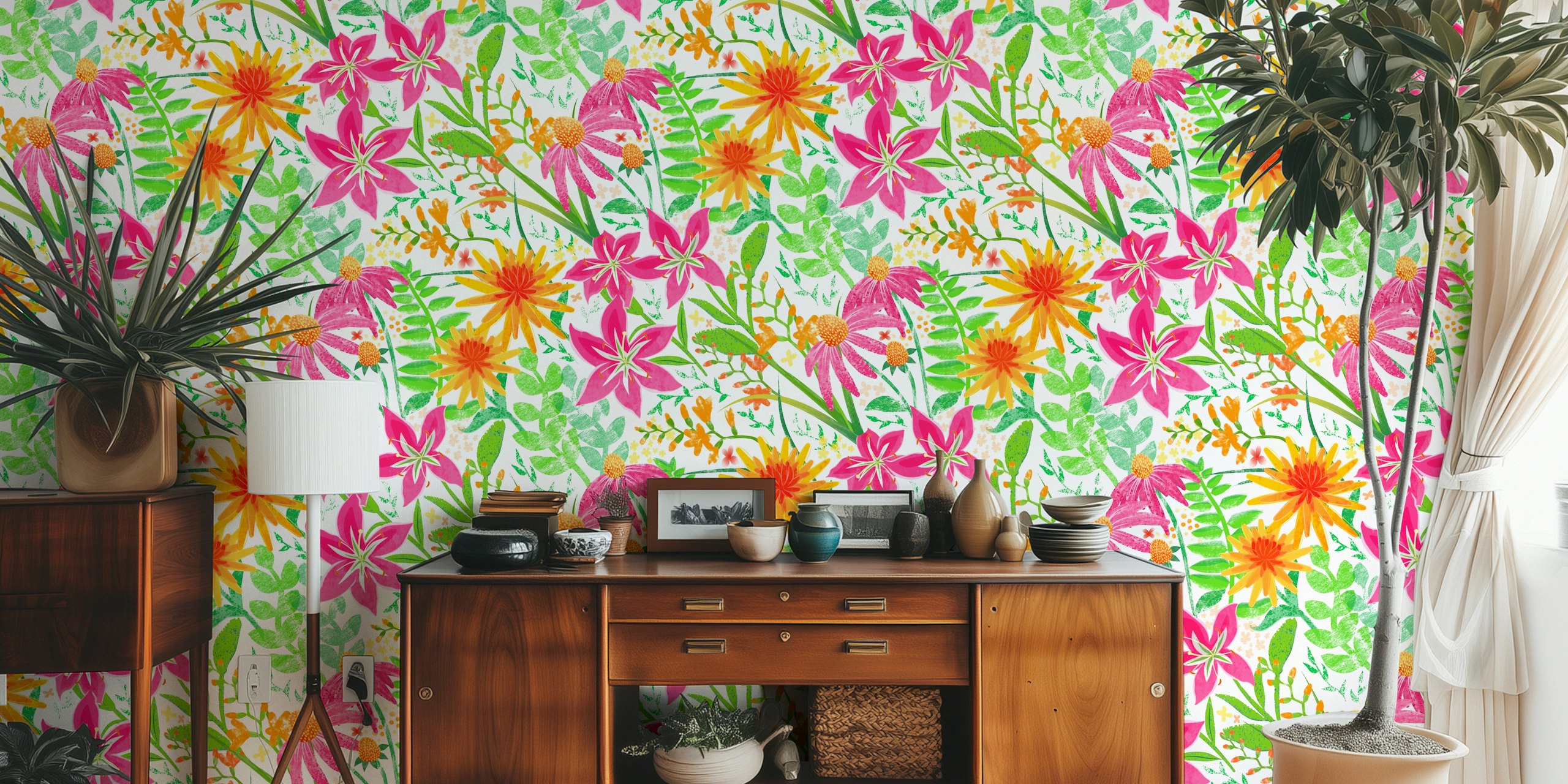 Hot Summer bold floral design de papel de parede em um quarto