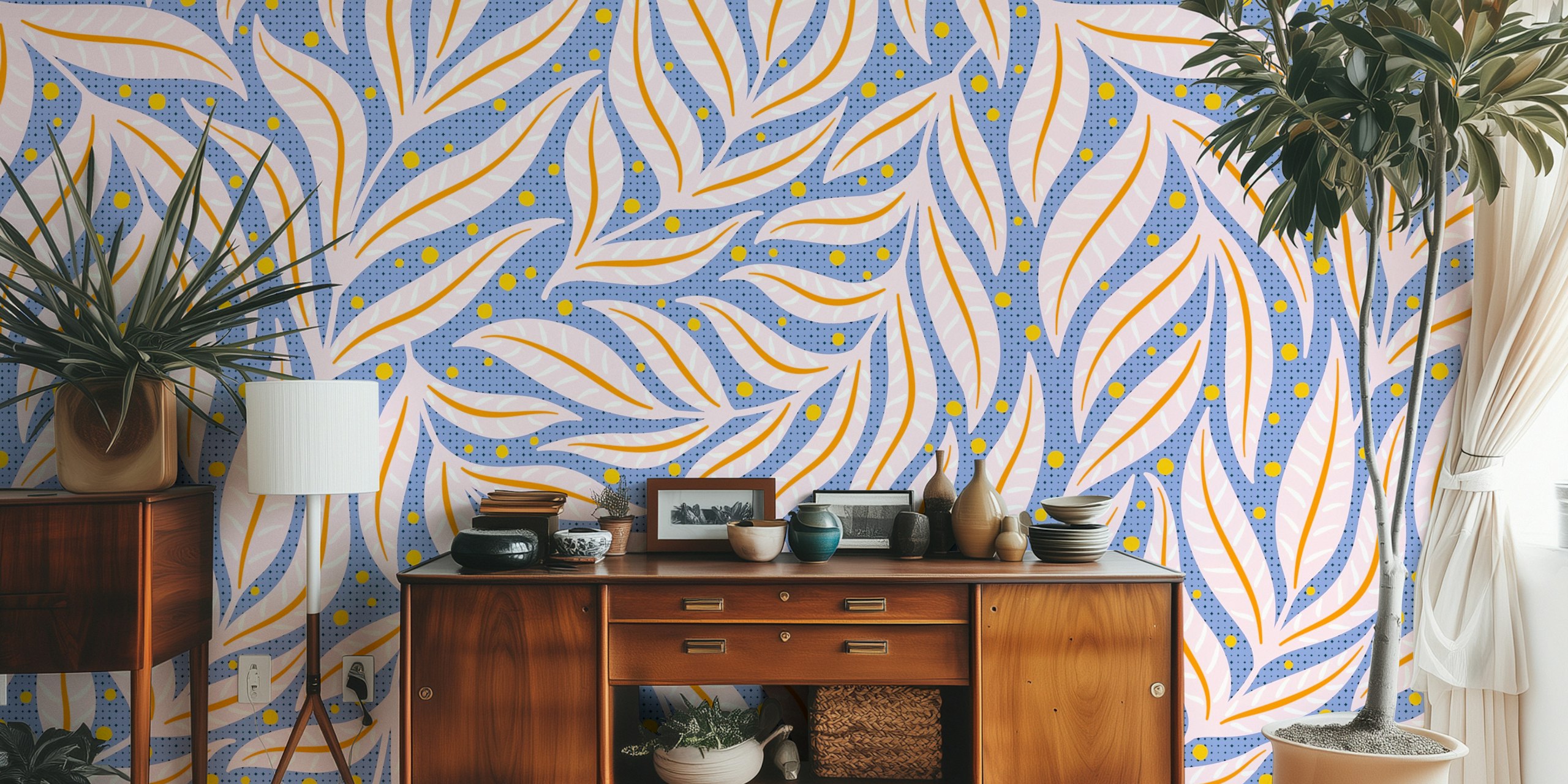 Dopamine leaves wallpaper in een kamerindeling