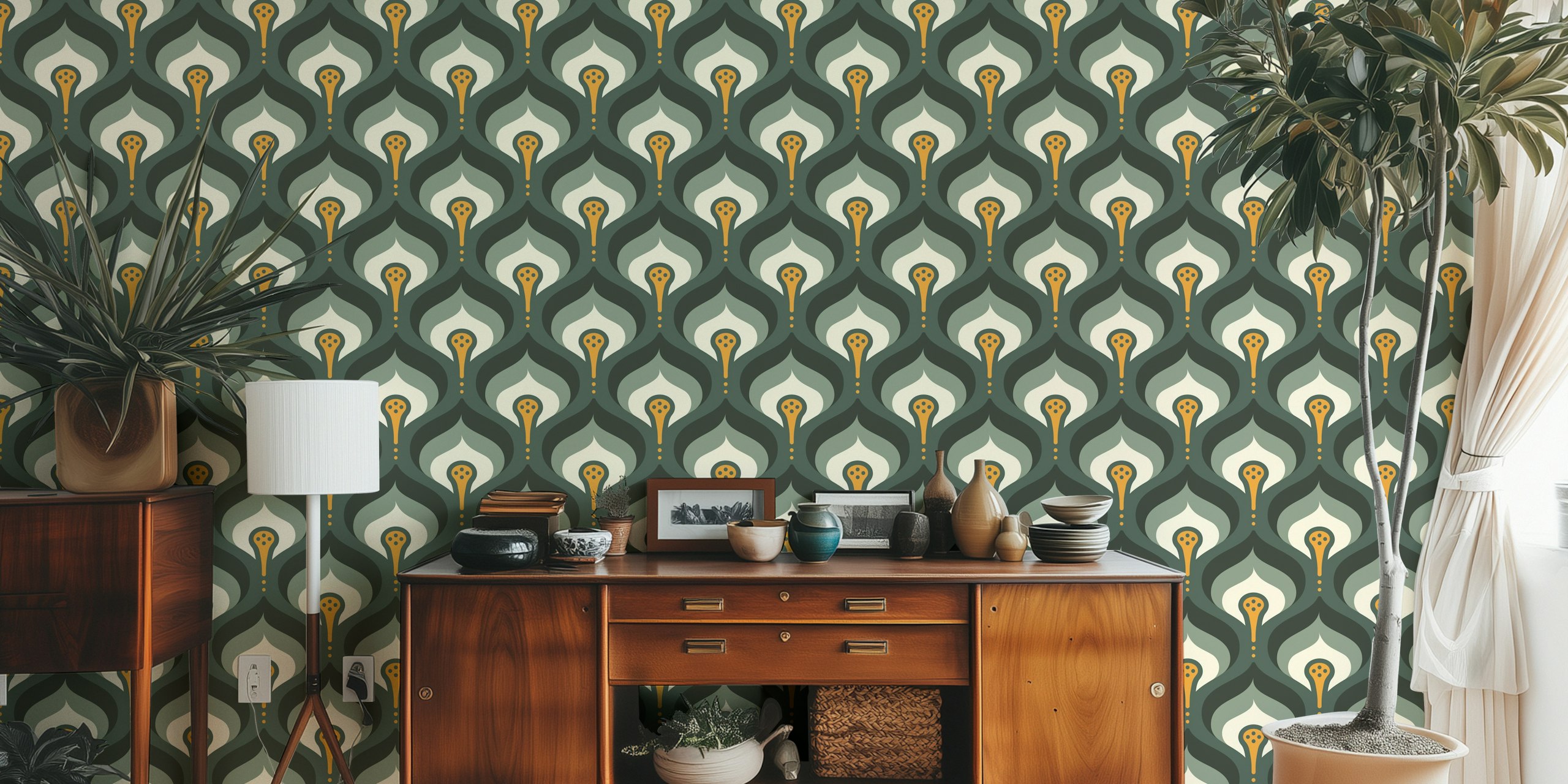 Retro flowing motif wallpaper in a room