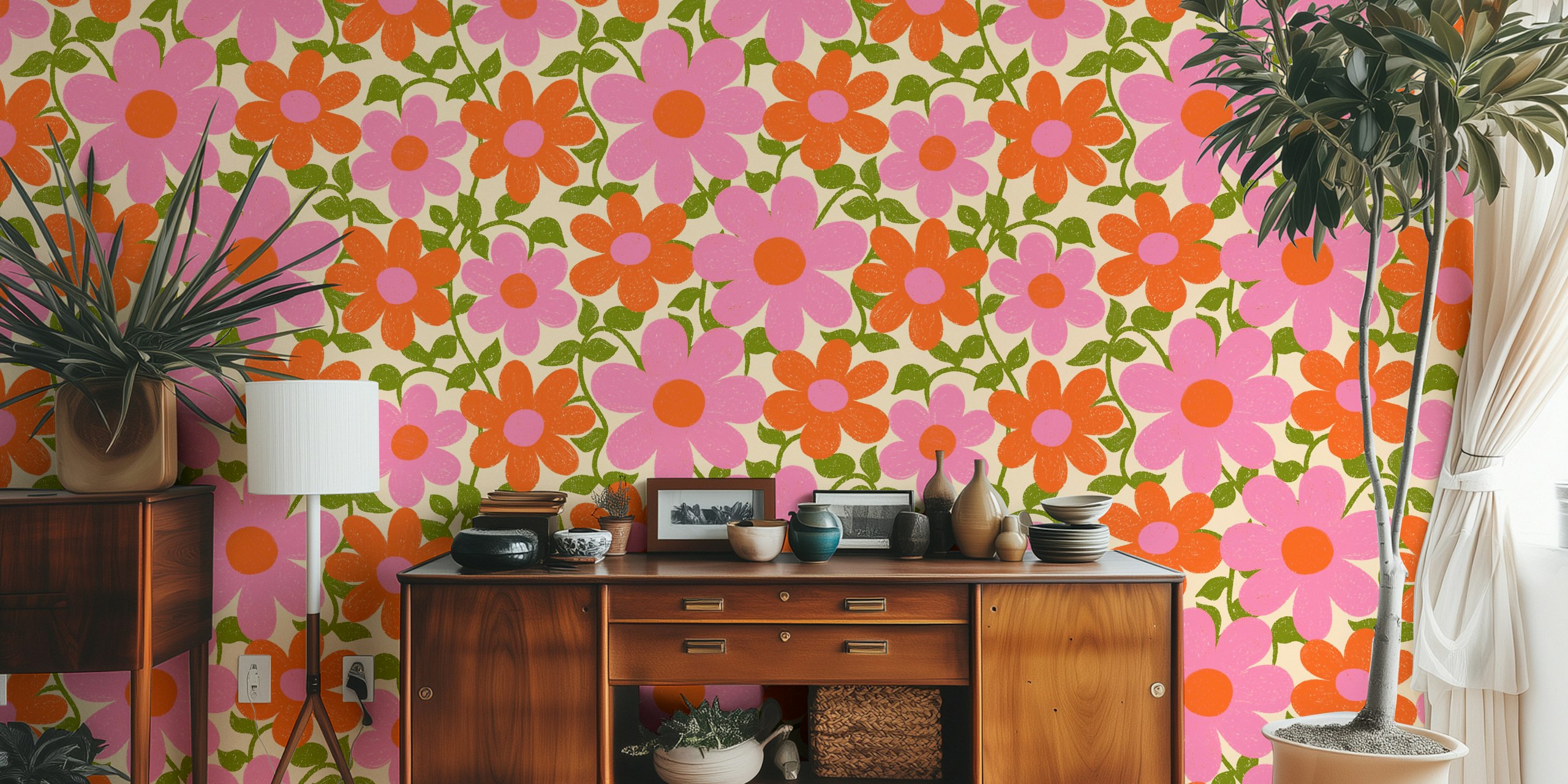 Bright pink and orange flowers with green leaves wallpaper