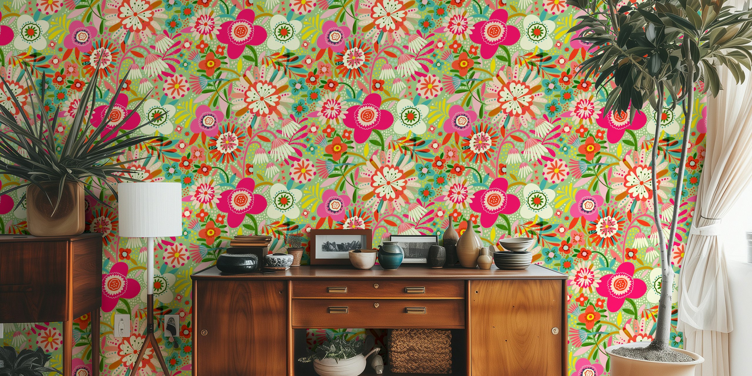 Vibrant floral wallpaper with pink and green flowers