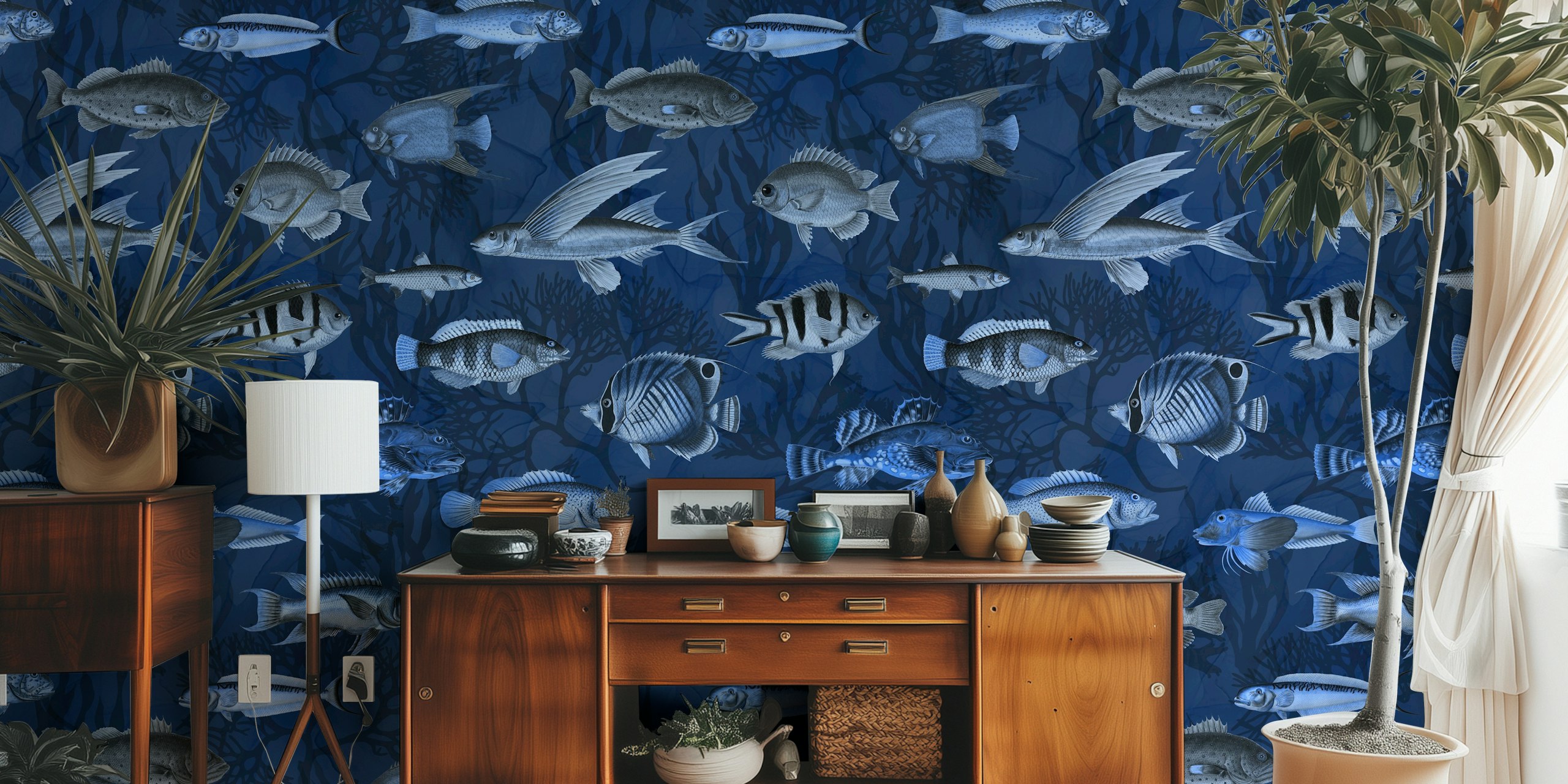Marine life wallpaper with various fish designs