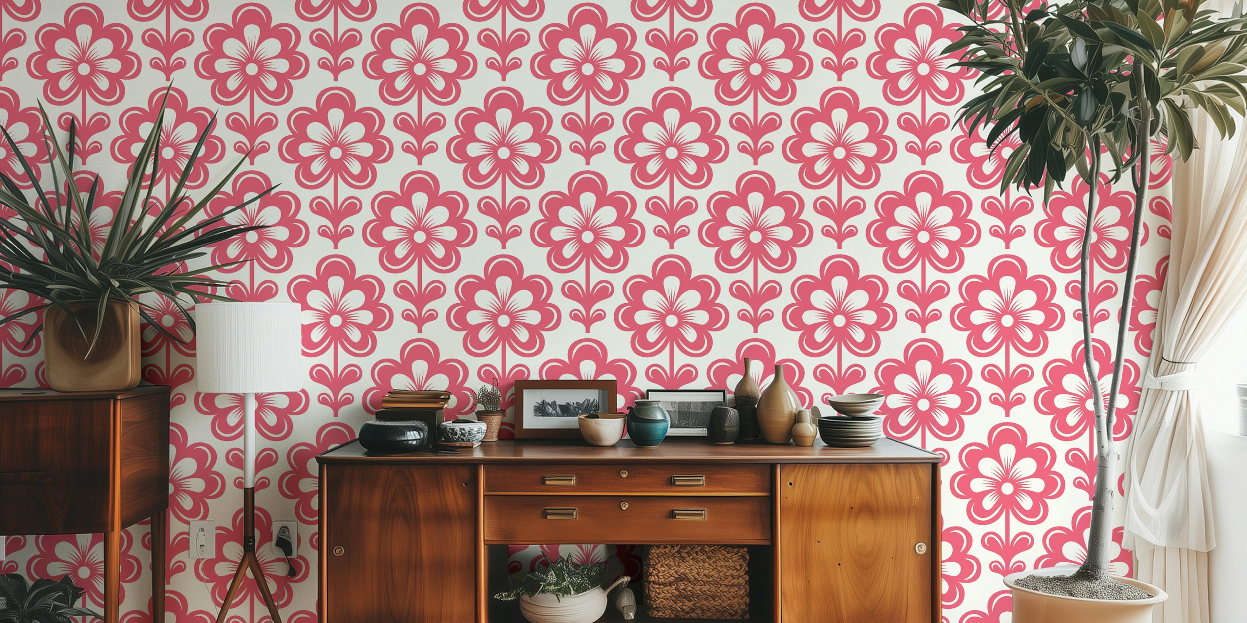 Pink retro daisies pattern on cream background wallpaper