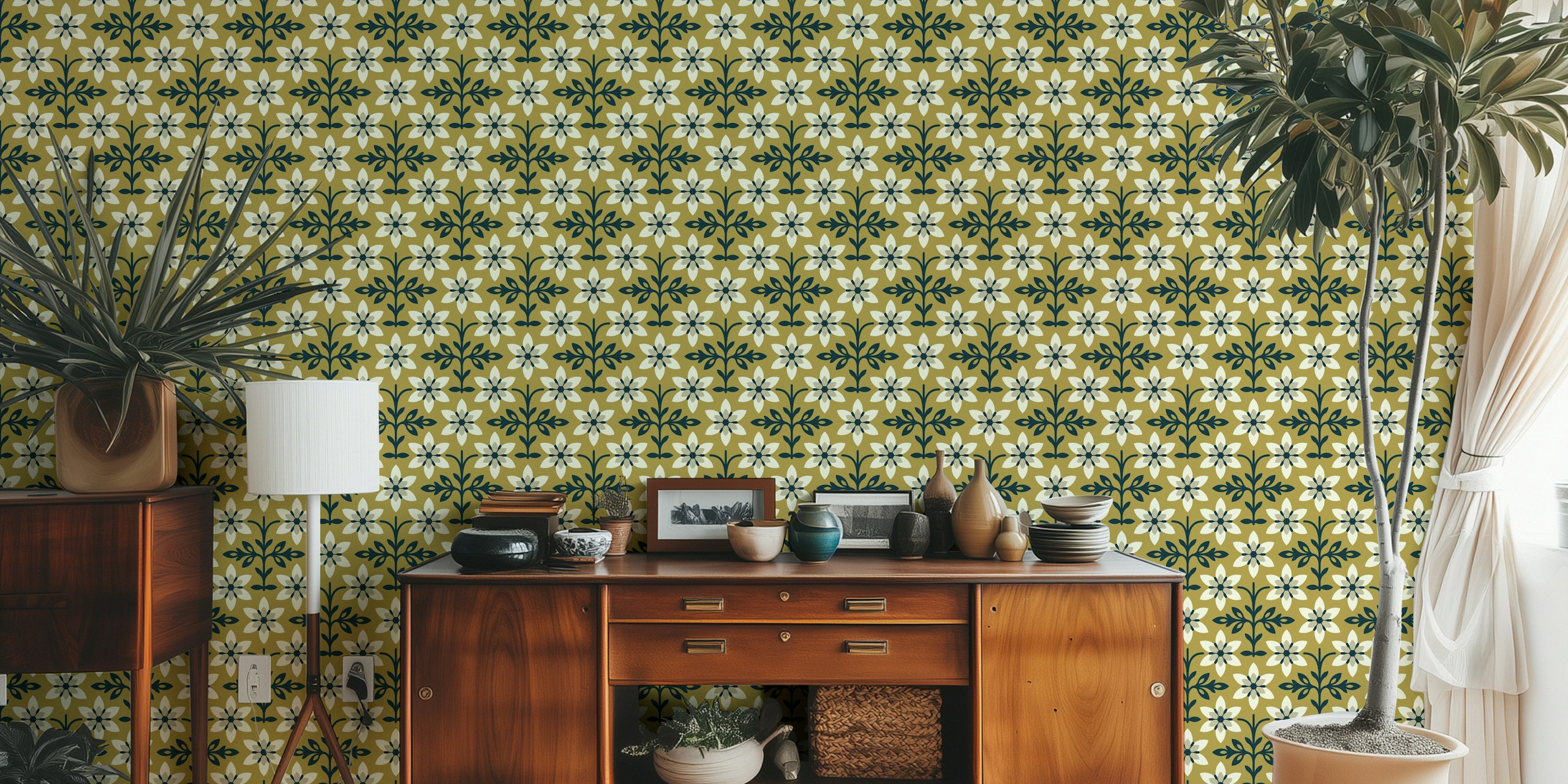 Design de papel de parede vintage floral em um quarto