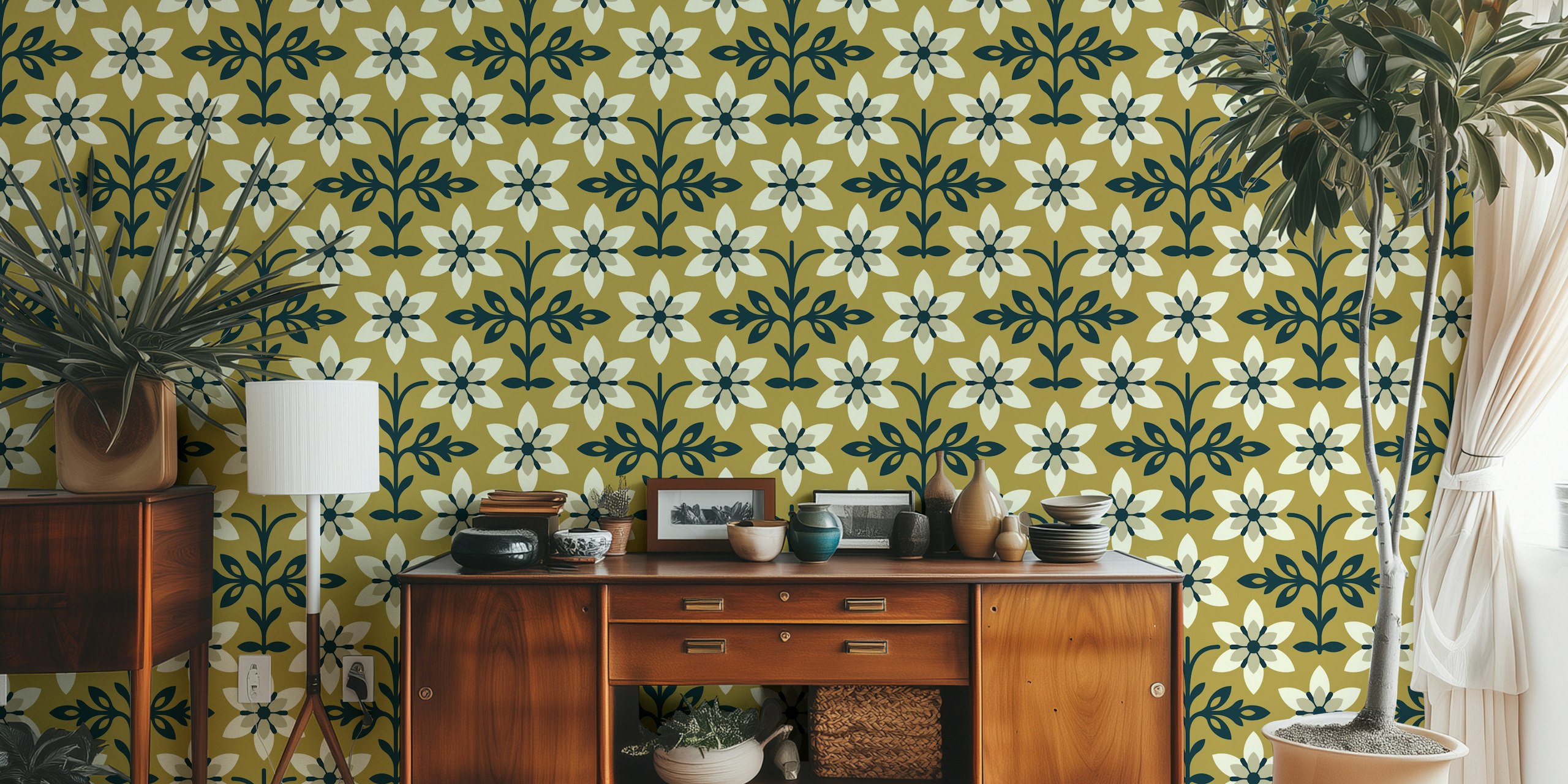 papel de parede Radiant Vintage Flower Vibes em um quarto