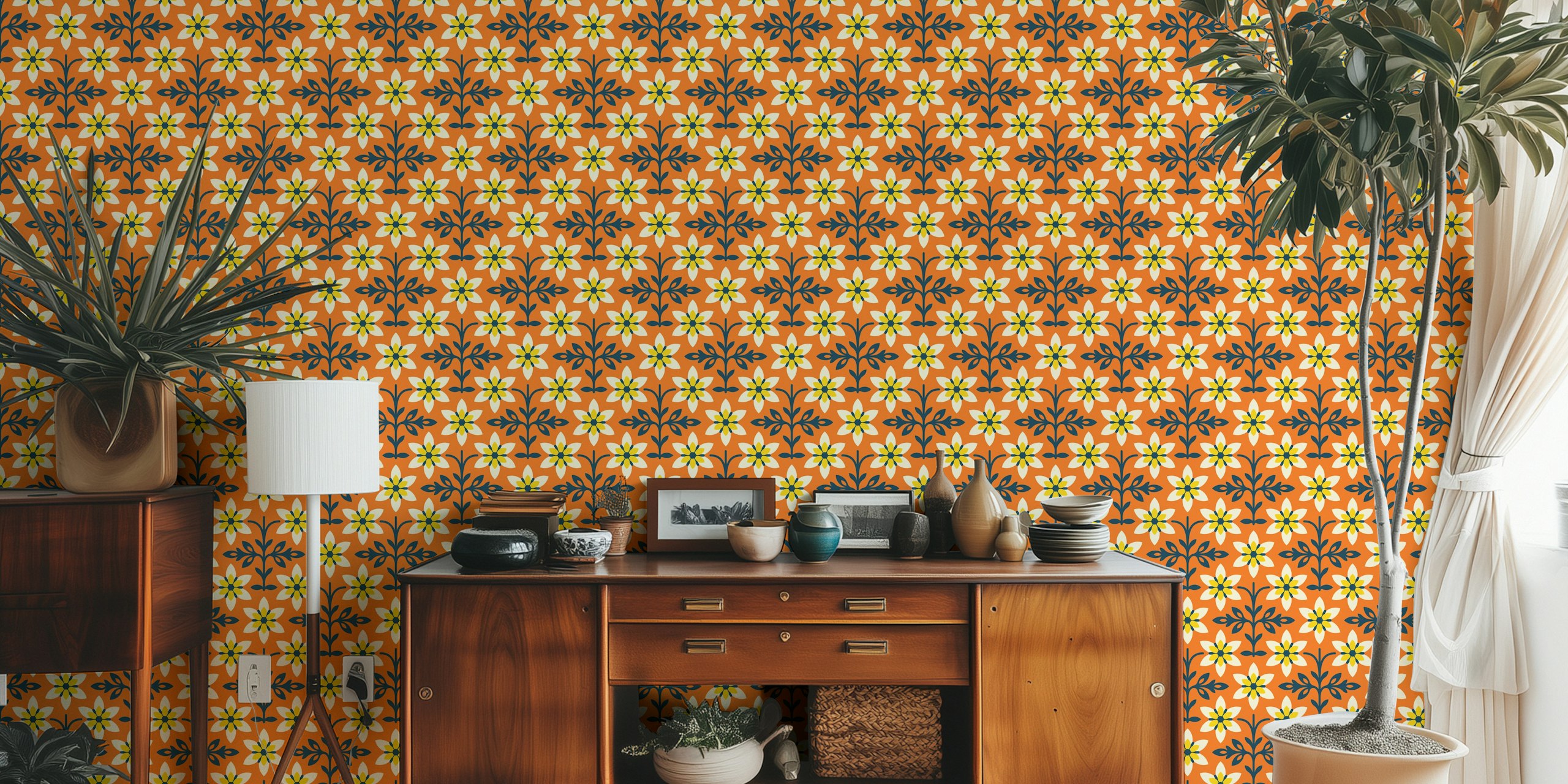 Radiant Vintage Flower Vibes in Orange design de papier peint