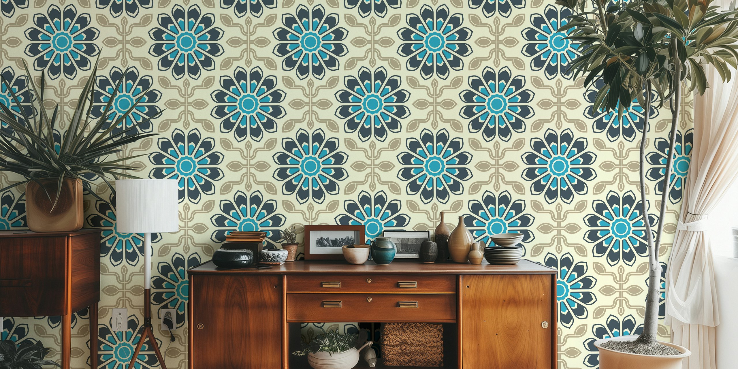 Floral pattern in blue and gray with symmetrical design wallpaper