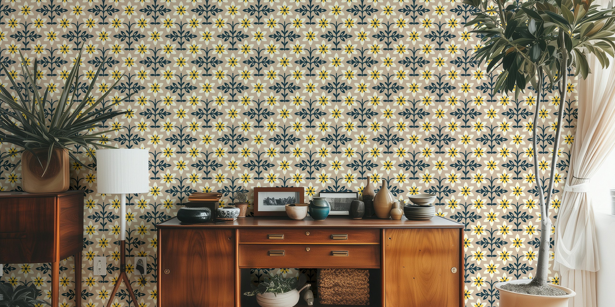 Beige floral pattern with yellow and navy blue flowers wallpaper