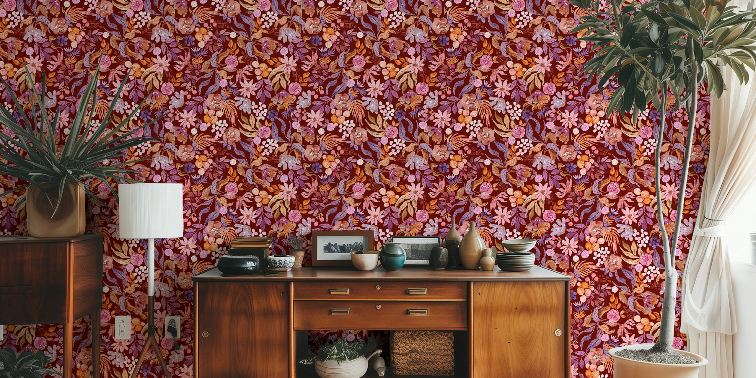 Autumn Watercolor Floral Symphony wallpaper in room