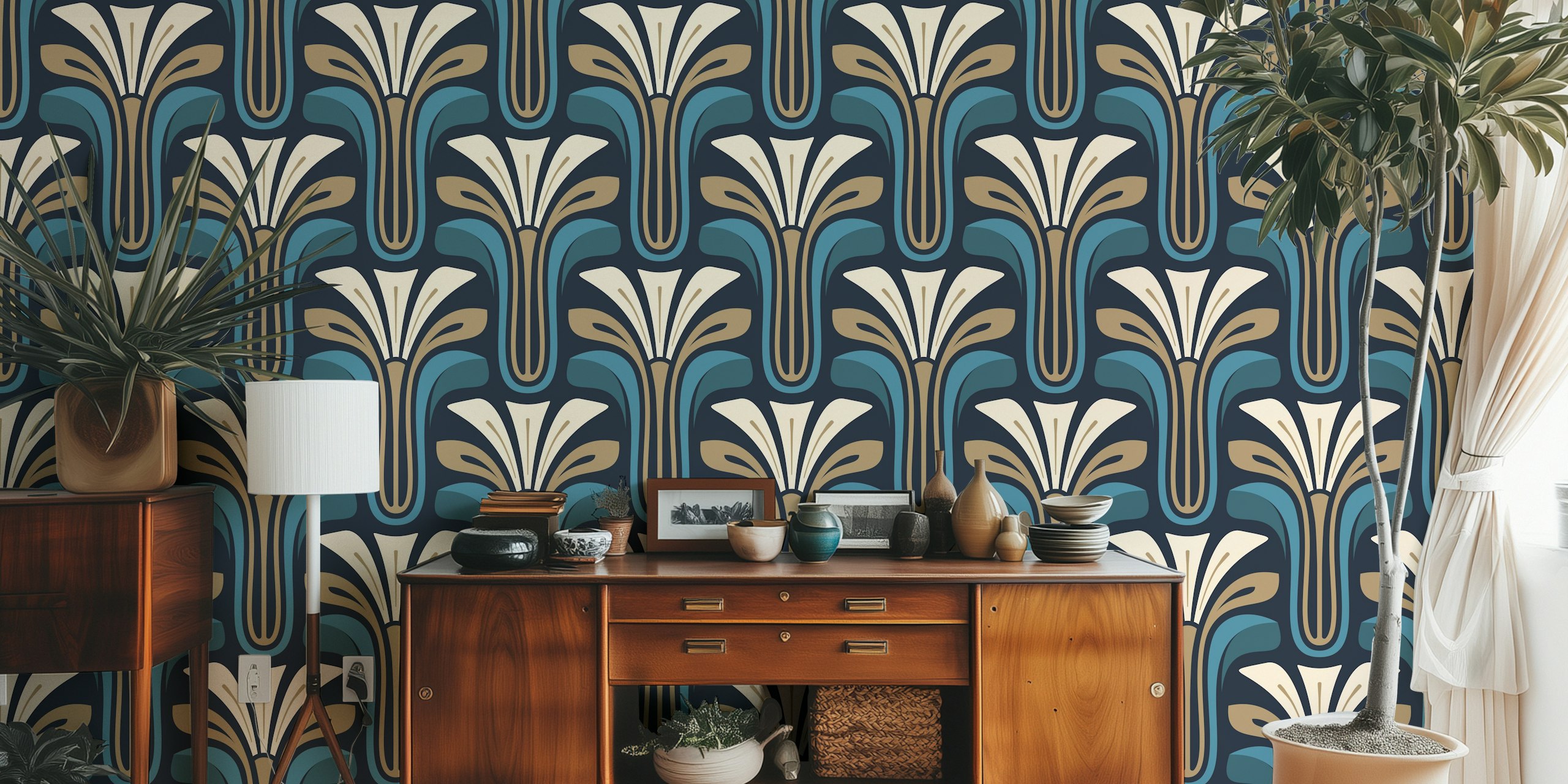 Stylish Vintage Bloom in Blue Beige - L dans une pièce