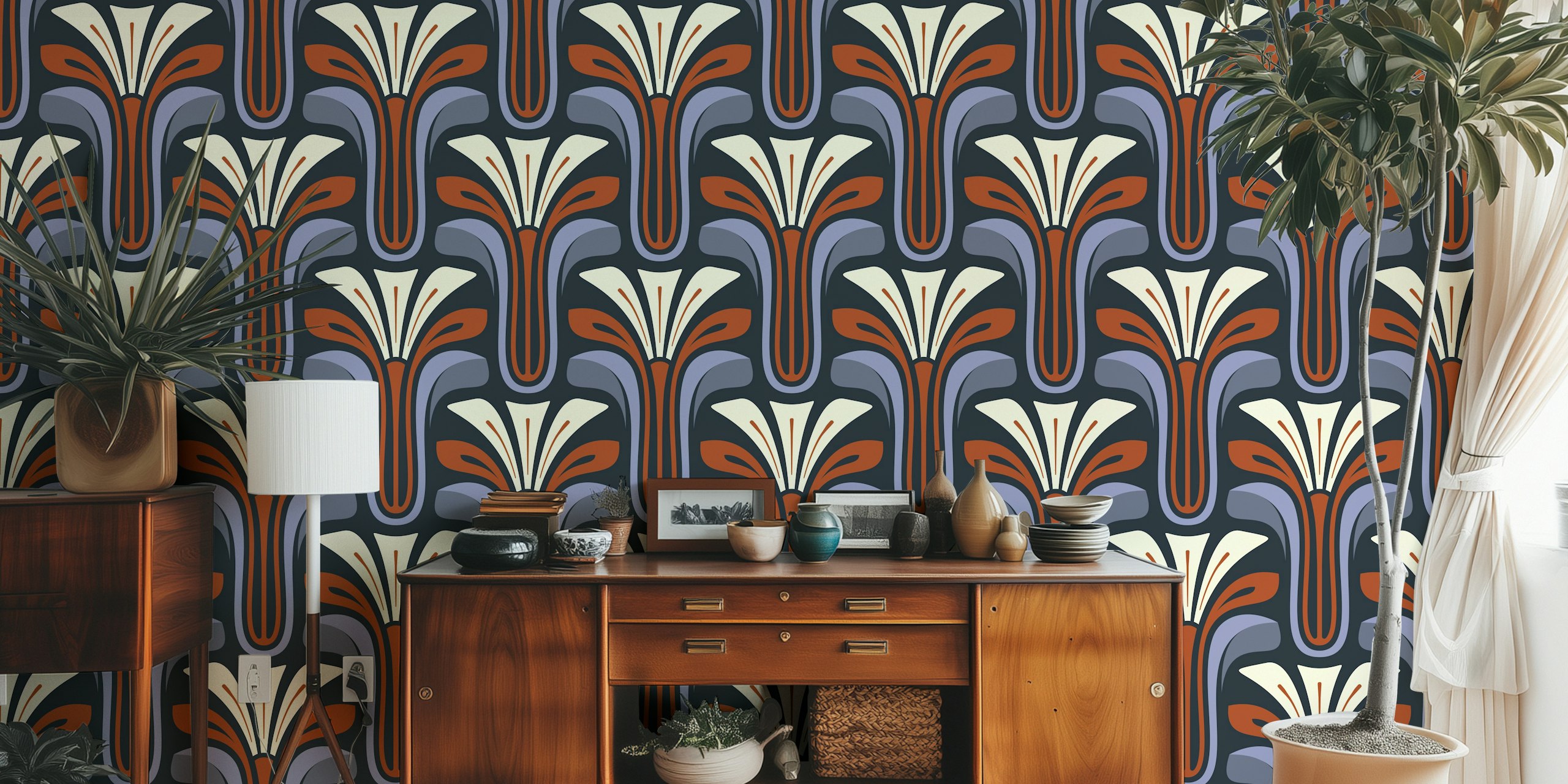 Vintage floral pattern wallpaper featuring purple and red colors