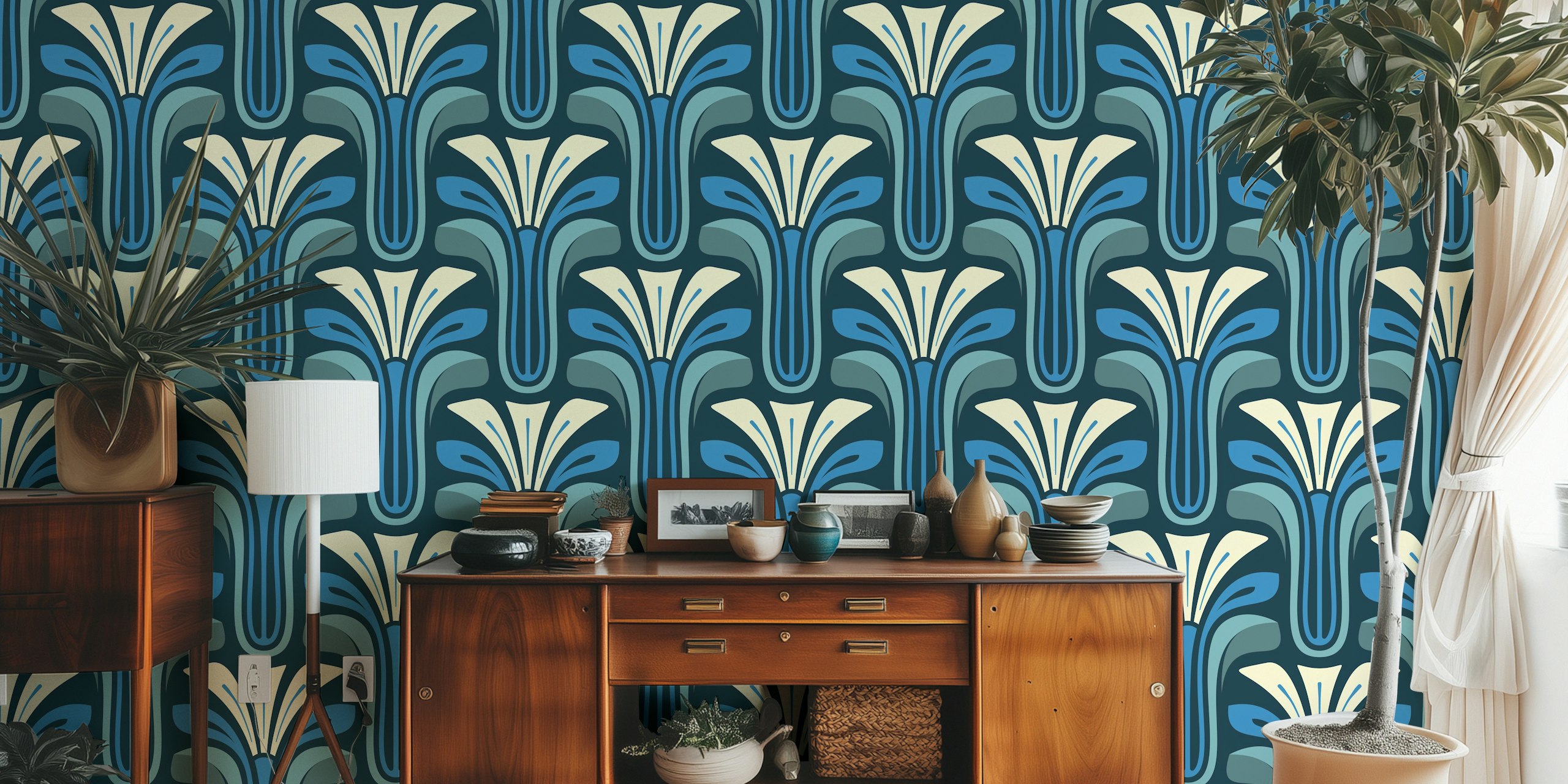 Stylish Vintage Bloom in Navy Blue behangontwerp