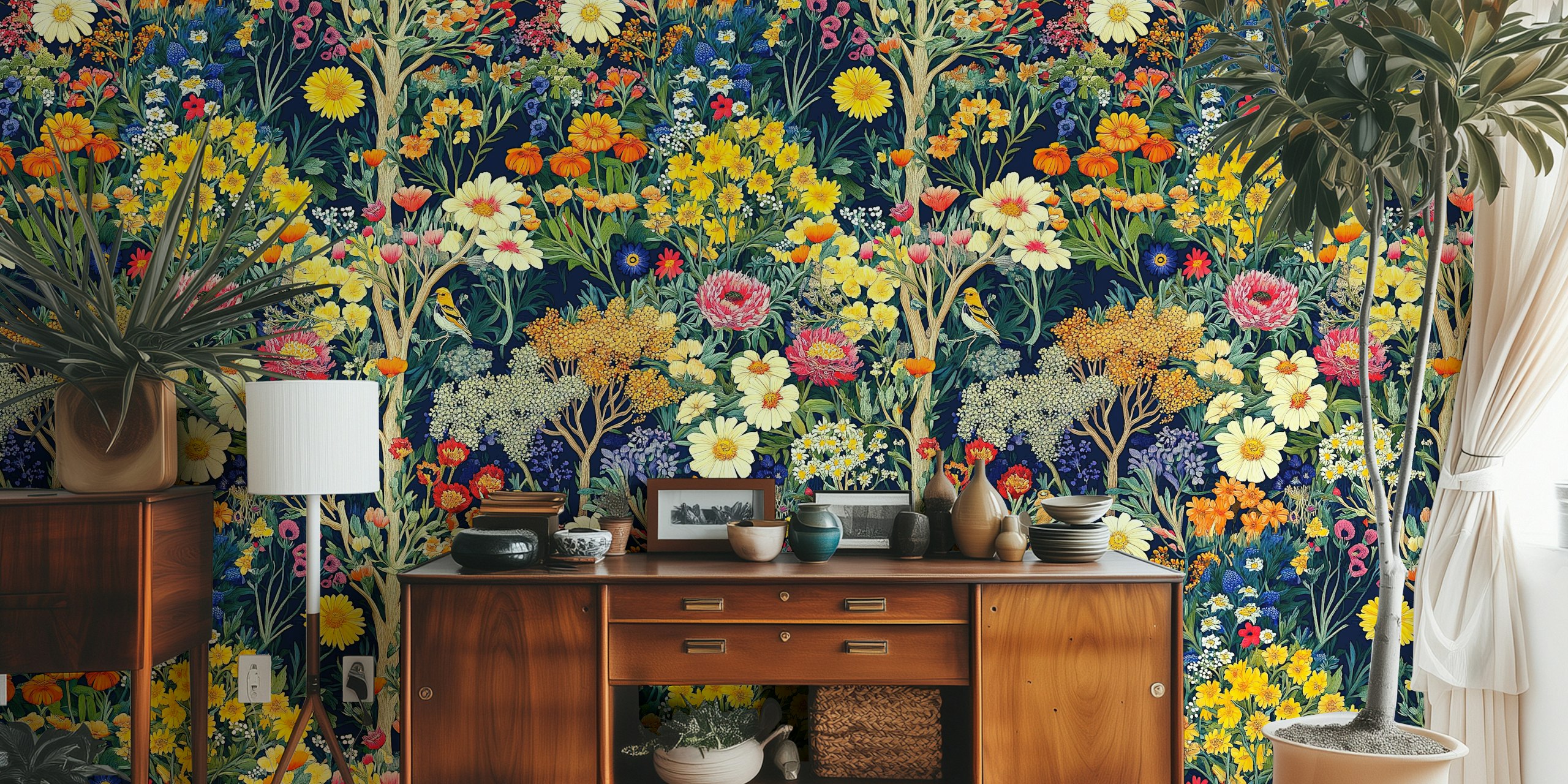 Vibrant flower garden with yellow, pink, and white flowers on dark background wallpaper