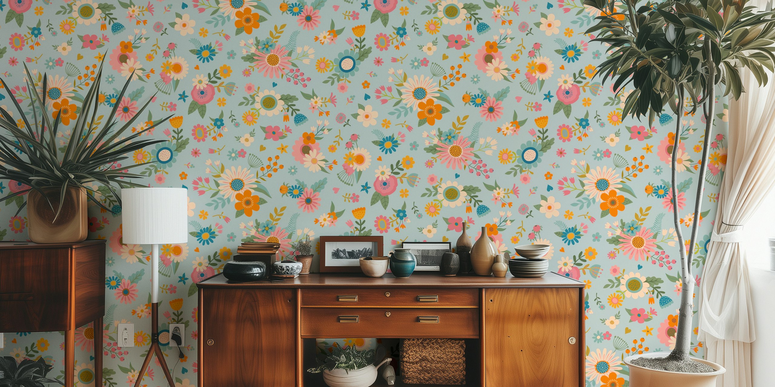 Floral Tapete mit Spring Flowers - rosa, orange, blaue Blumen.