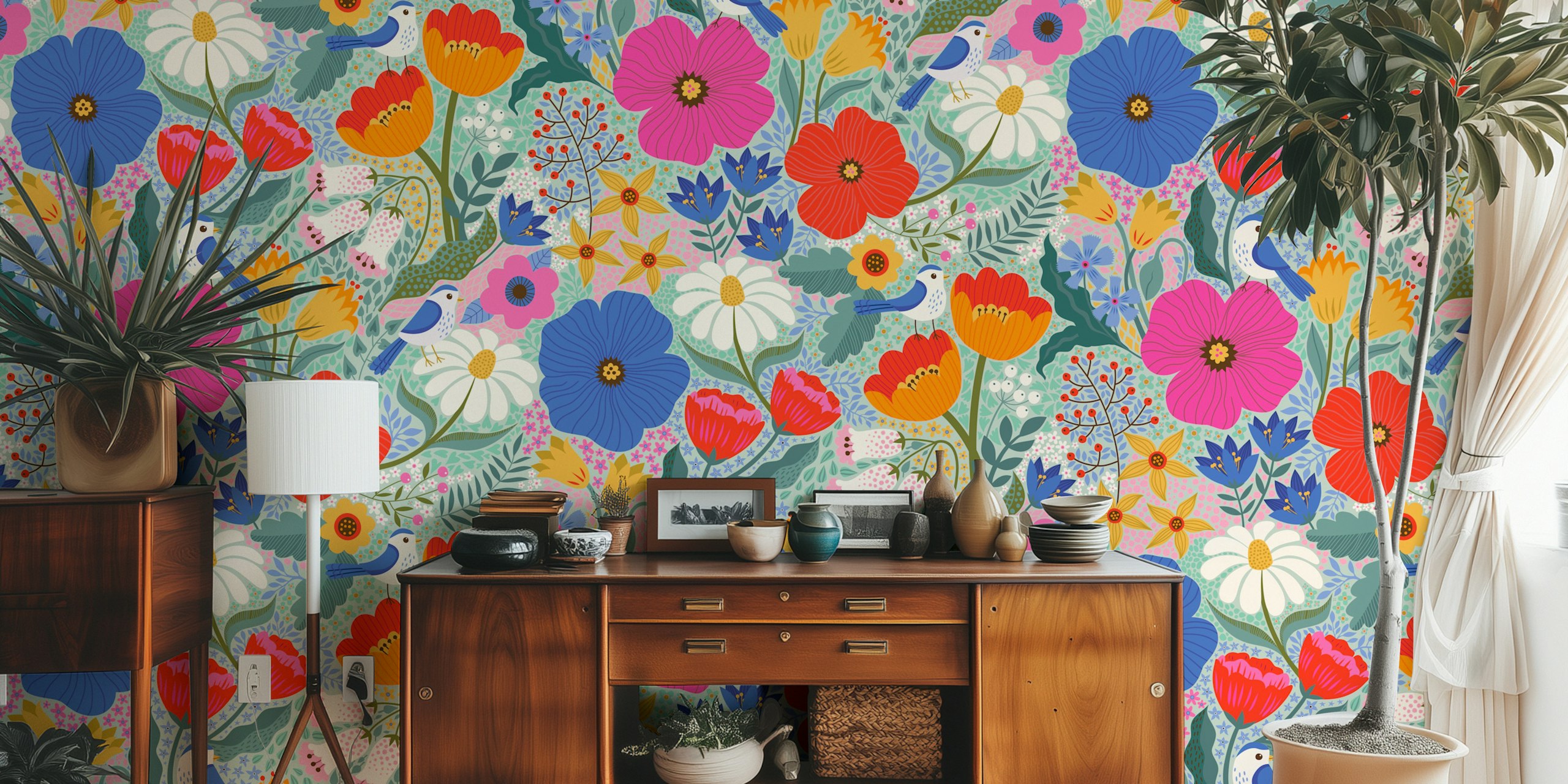Floral wallpaper with birds in a colorful design