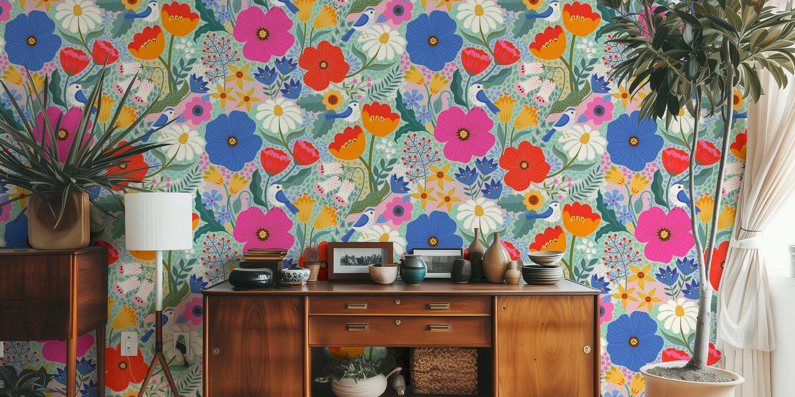 Maxi Summer Floral papel tapiz con aves y flores
