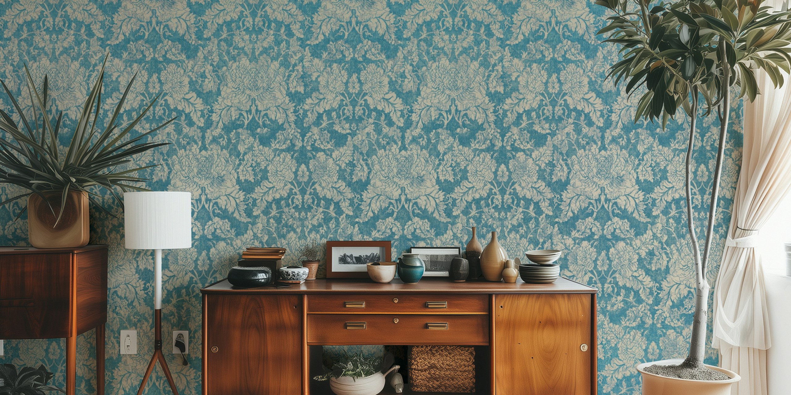 Shabby Chic Baroque floral damask teal tapet i et rum