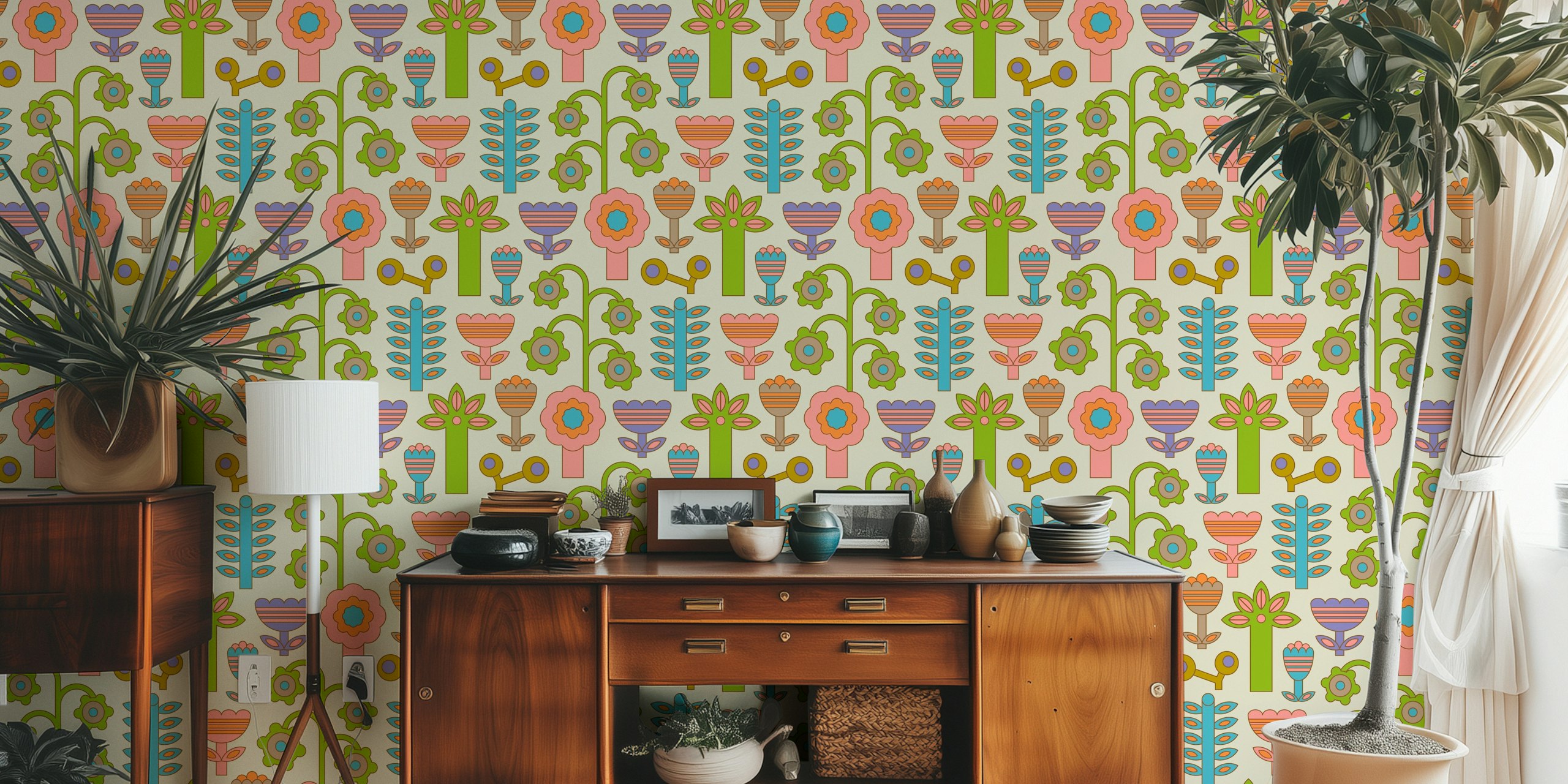Magic Garden Fun Retro Flowers wallpaper in a room