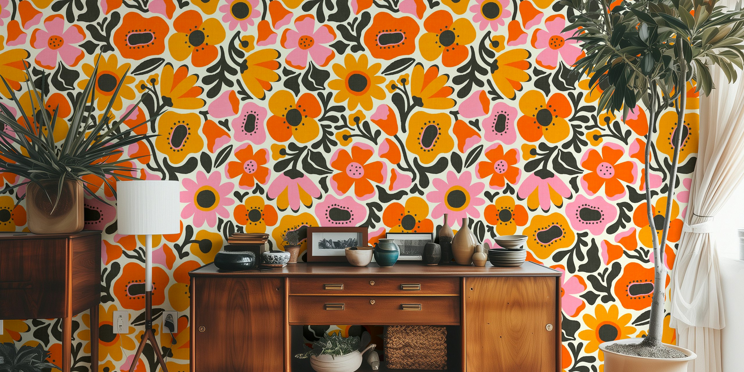 Mid Mod Meadow in Pink and Orange wzór tapety